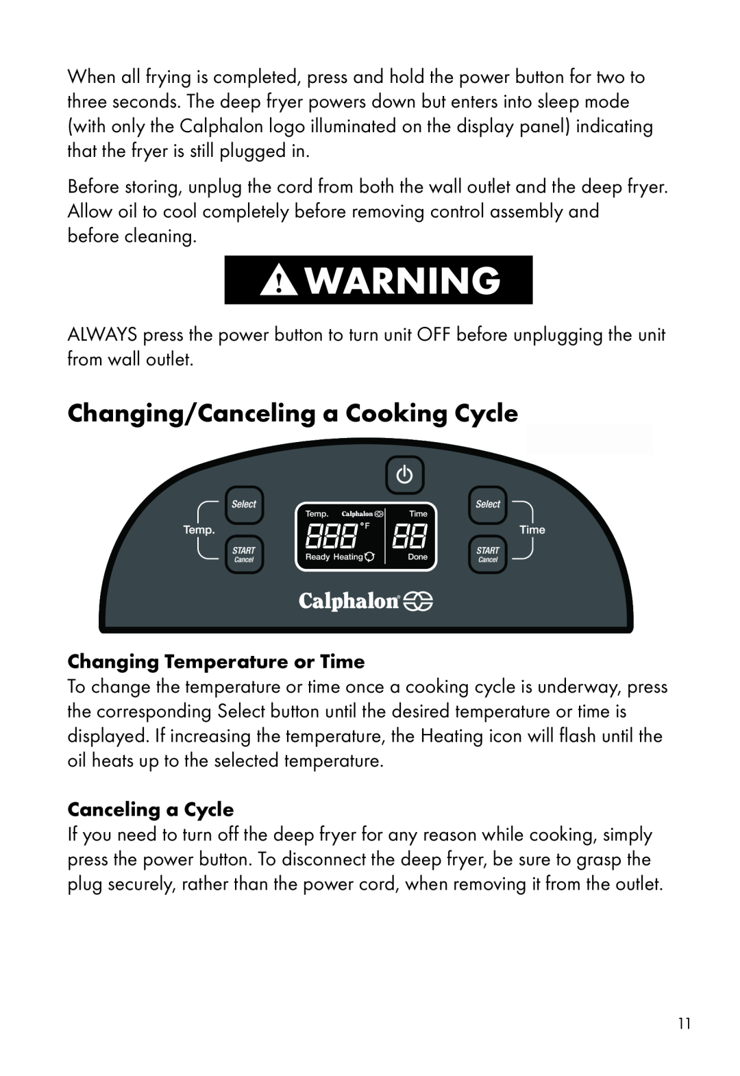 Calphalon HE380DF manual Changing/Canceling a Cooking Cycle, Changing Temperature or Time, Canceling a Cycle 