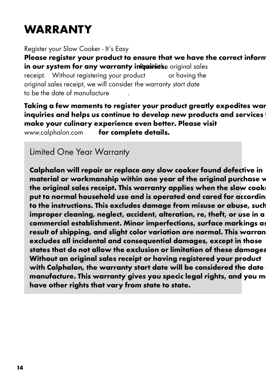Calphalon HE400SC manual Limited One Year Warranty, Register your Slow Cooker It’s Easy 