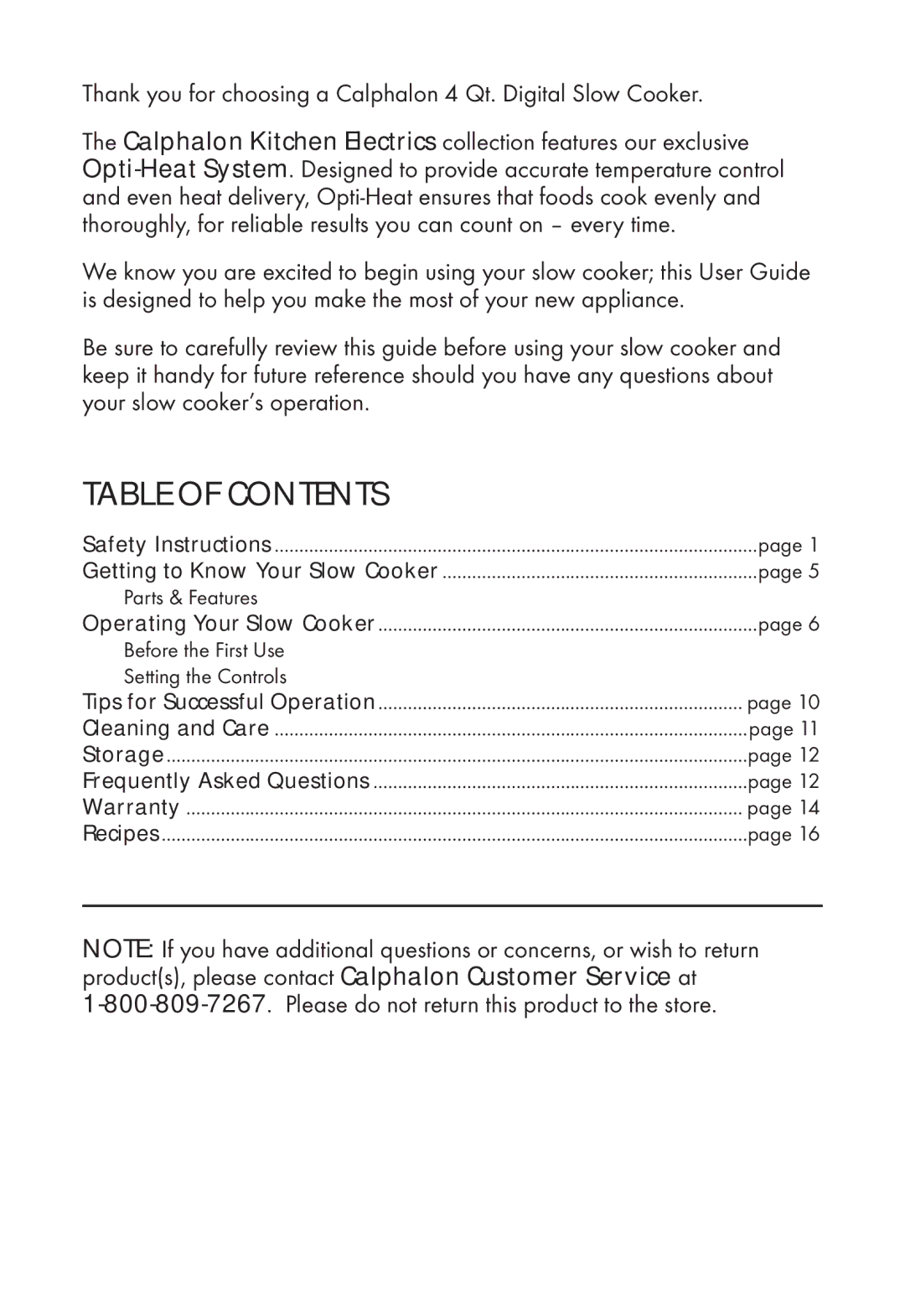 Calphalon HE400SC manual Table of Contents 