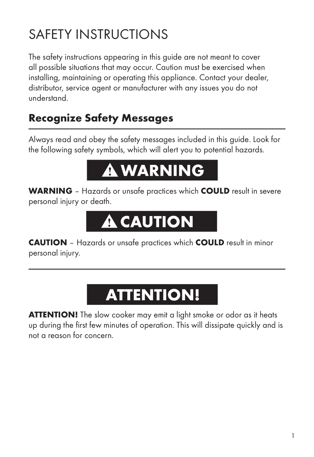 Calphalon HE400SC manual Safety Instructions, Recognize Safety Messages 