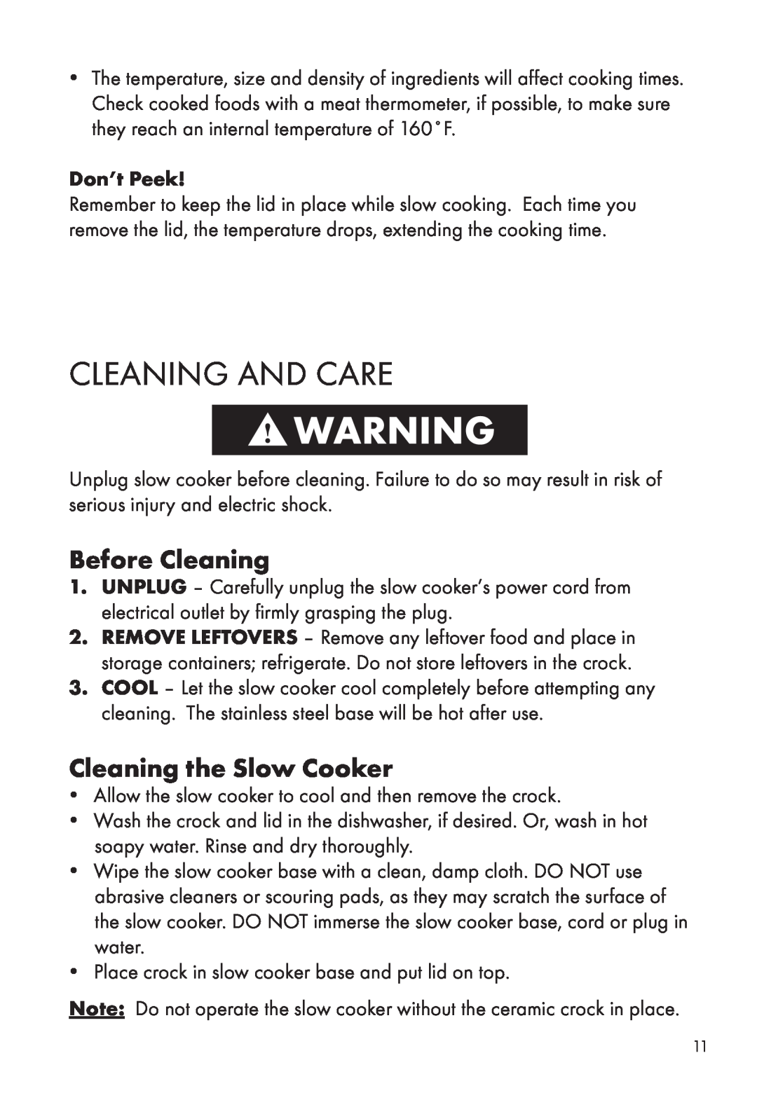 Calphalon HE400SC manual Cleaning And Care, Before Cleaning, Cleaning the Slow Cooker, Don’t Peek 