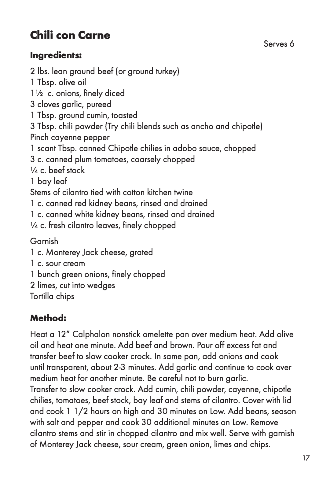 Calphalon HE400SC manual Chili con Carne, Ingredients, Method 