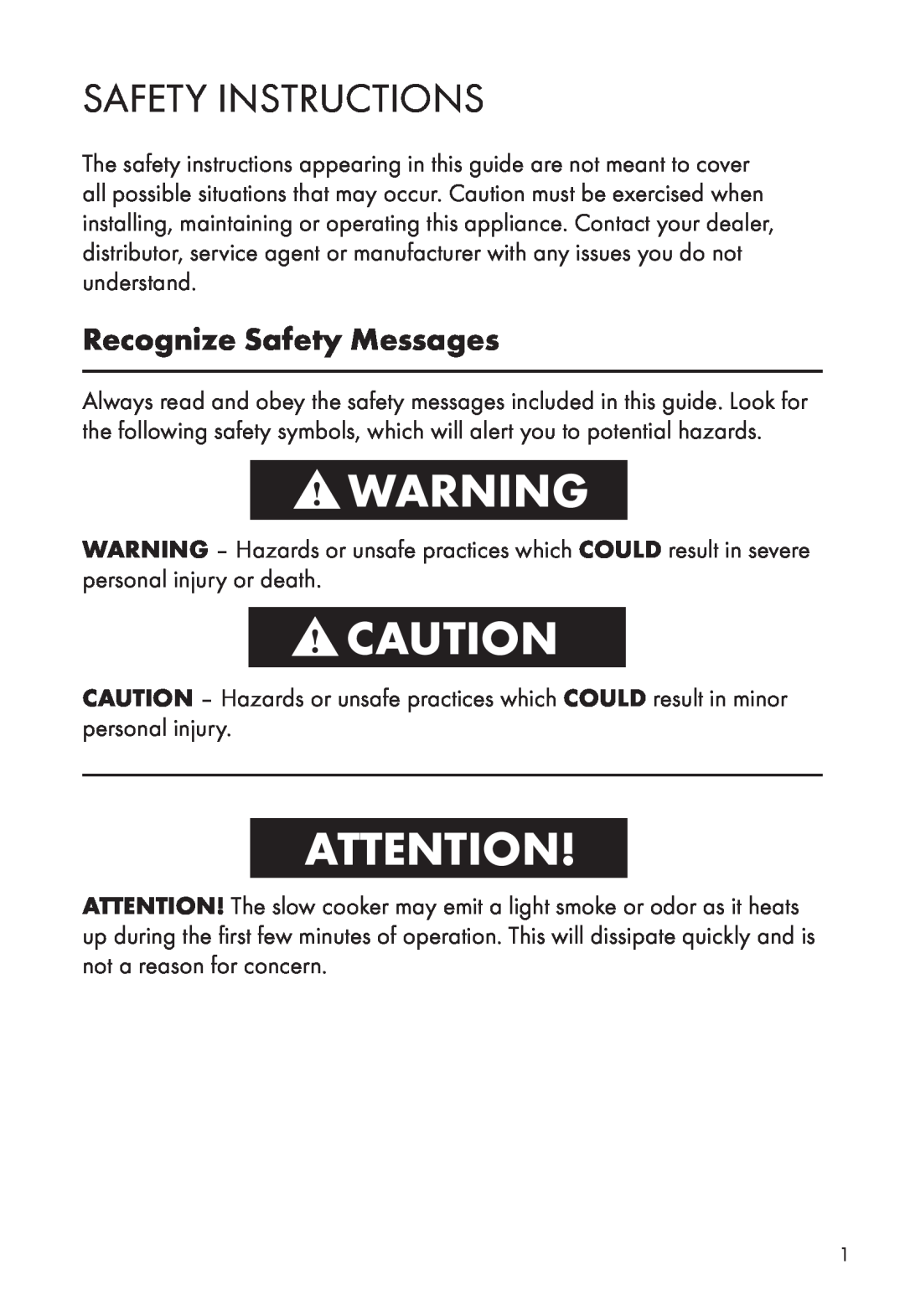 Calphalon HE400SC manual Safety Instructions, Recognize Safety Messages 