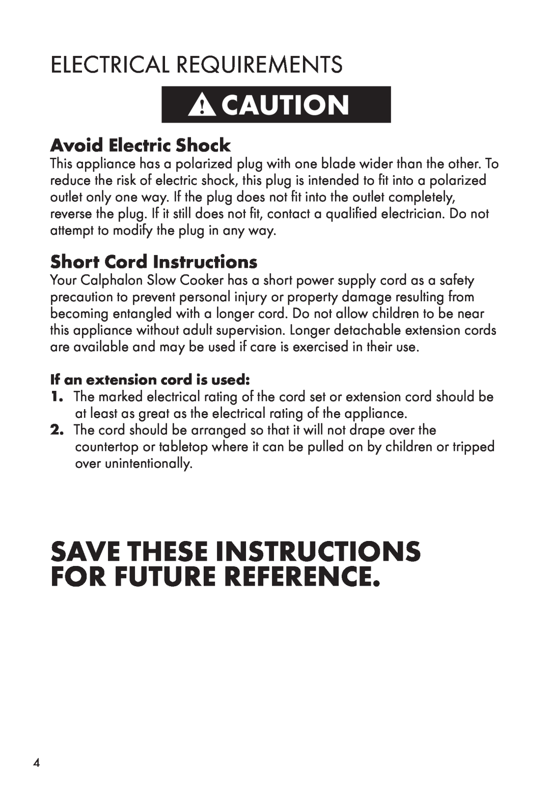 Calphalon HE400SC Electrical Requirements, Avoid Electric Shock, Short Cord Instructions, If an extension cord is used 