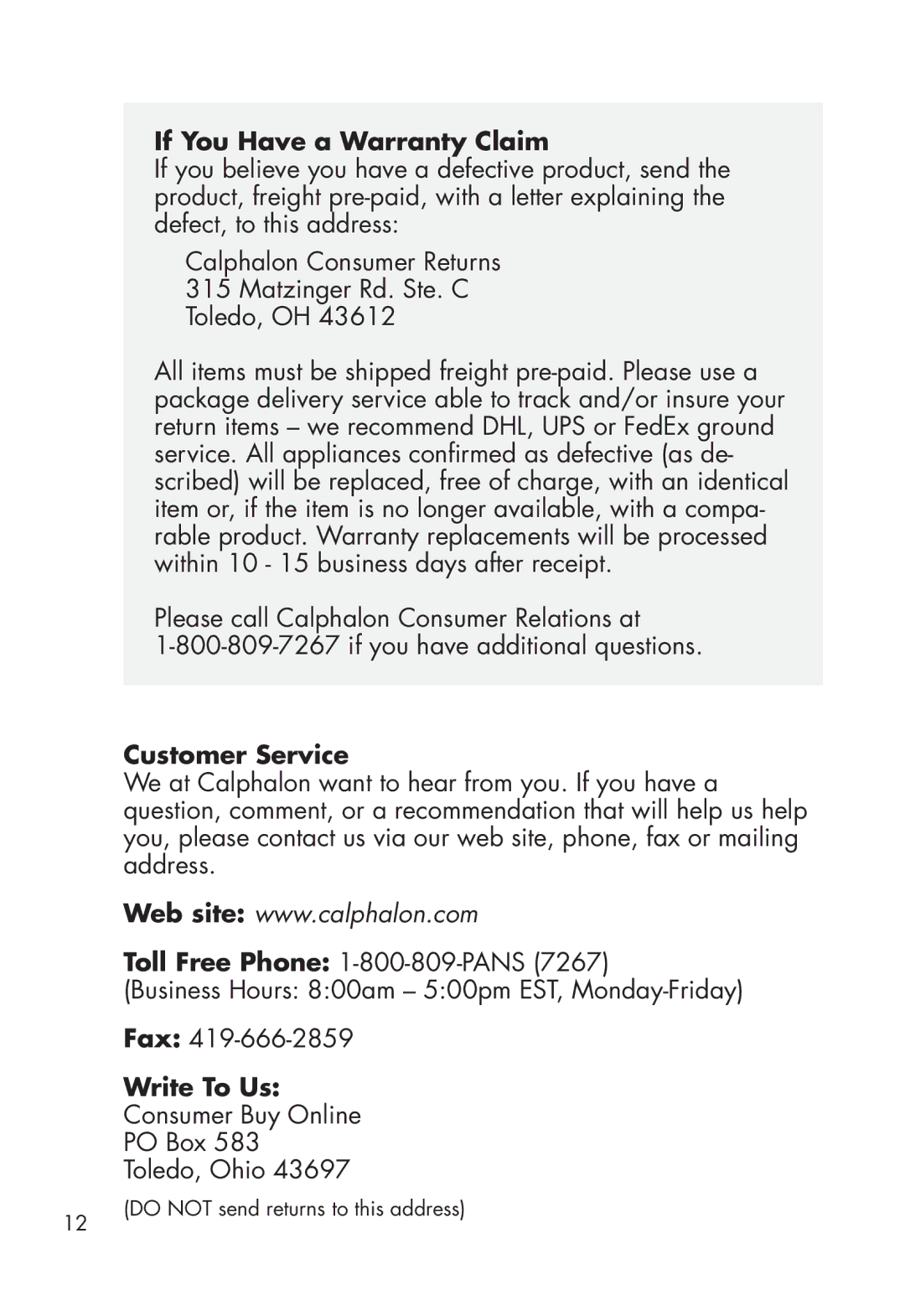 Calphalon HE400WM manual If You Have a Warranty Claim, Customer Service, Write To Us 