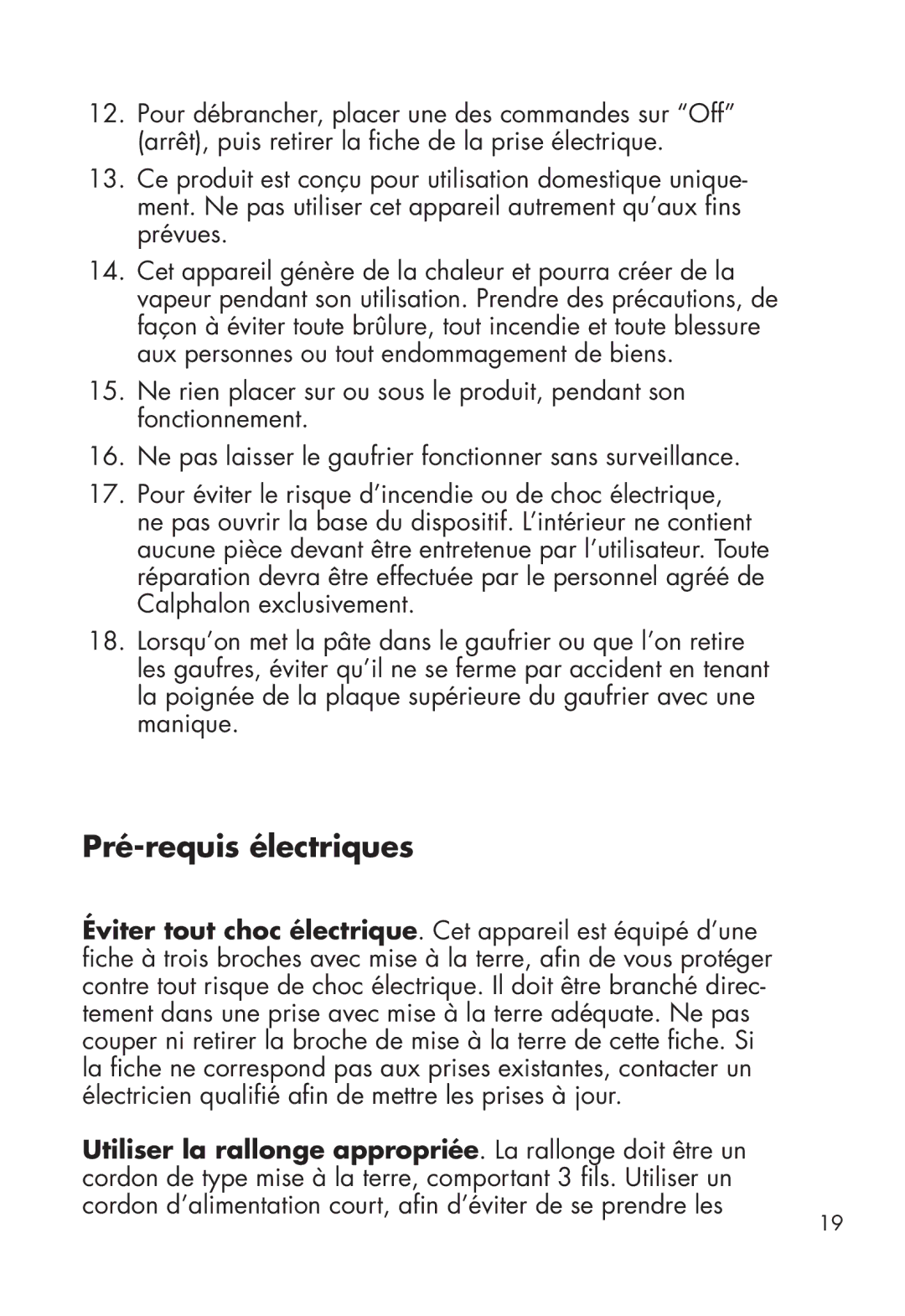 Calphalon HE400WM manual Pré-requis électriques 