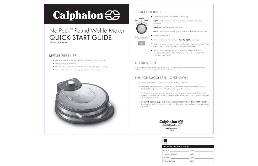 Calphalon HE500RW quick start Quick Start Guide, Begin Cooking, Before First USE, Turning OFF 