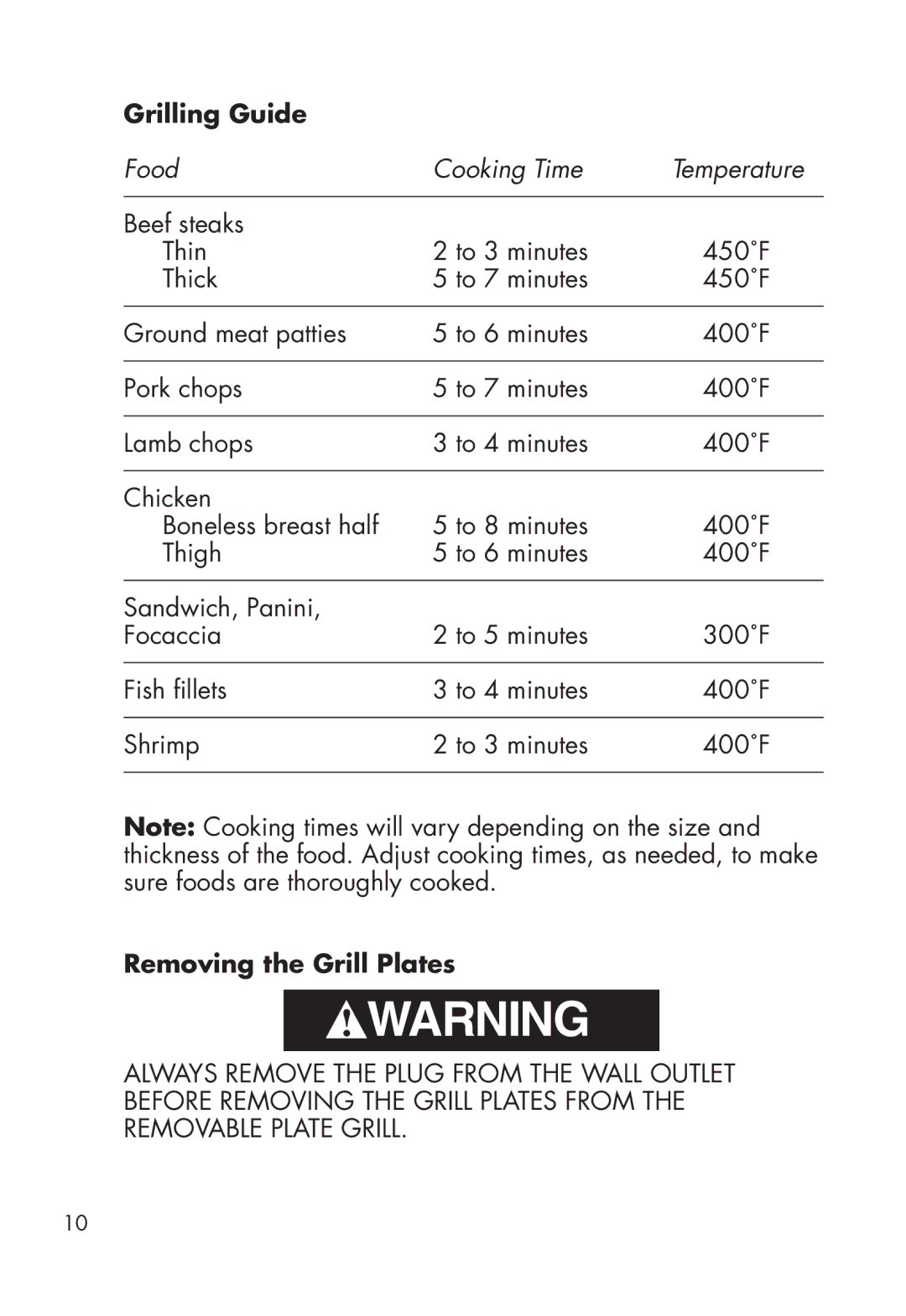 Calphalon HE600CG manual Grilling Guide, Removing the Grill Plates 