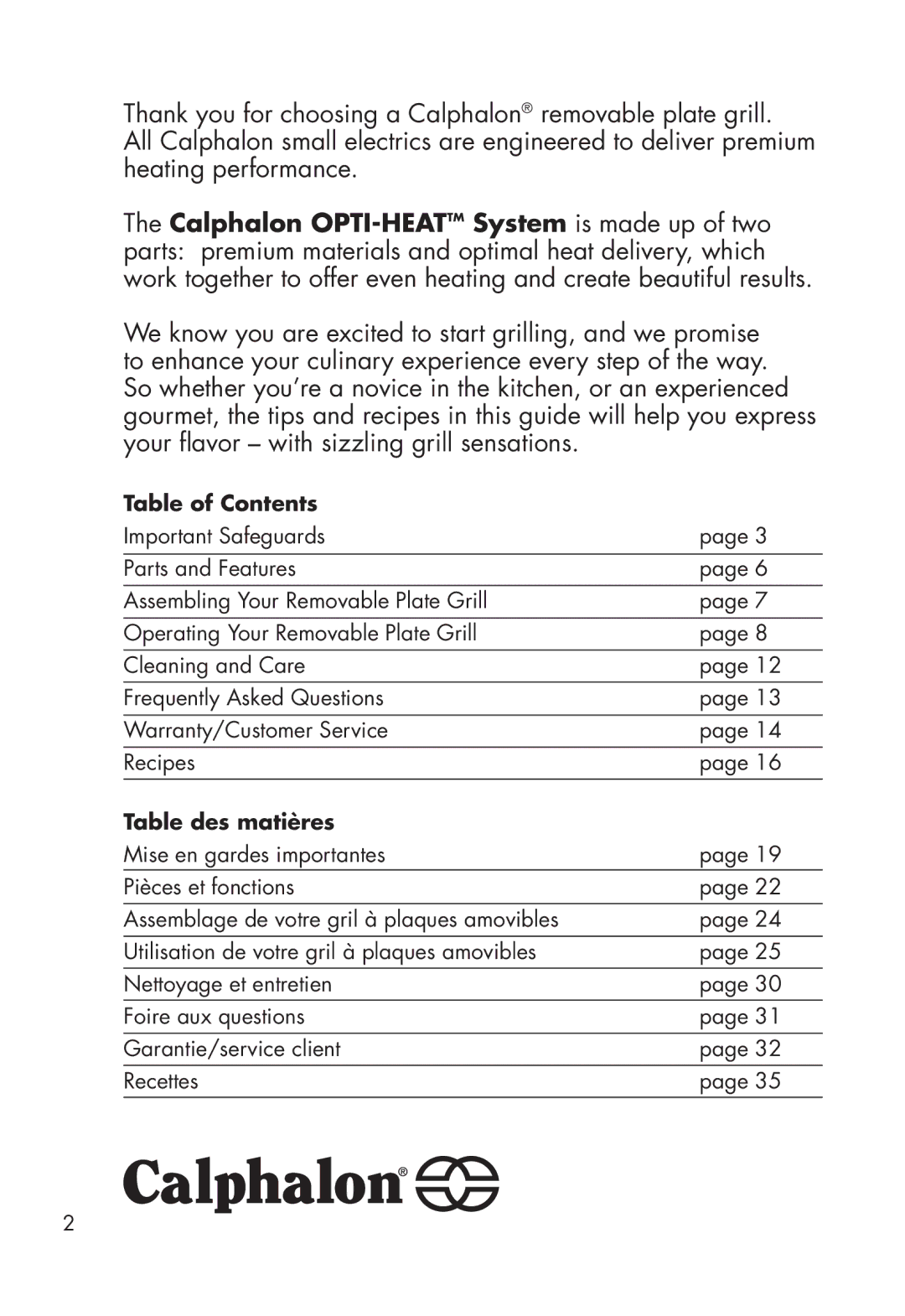 Calphalon HE600CG manual Table of Contents 