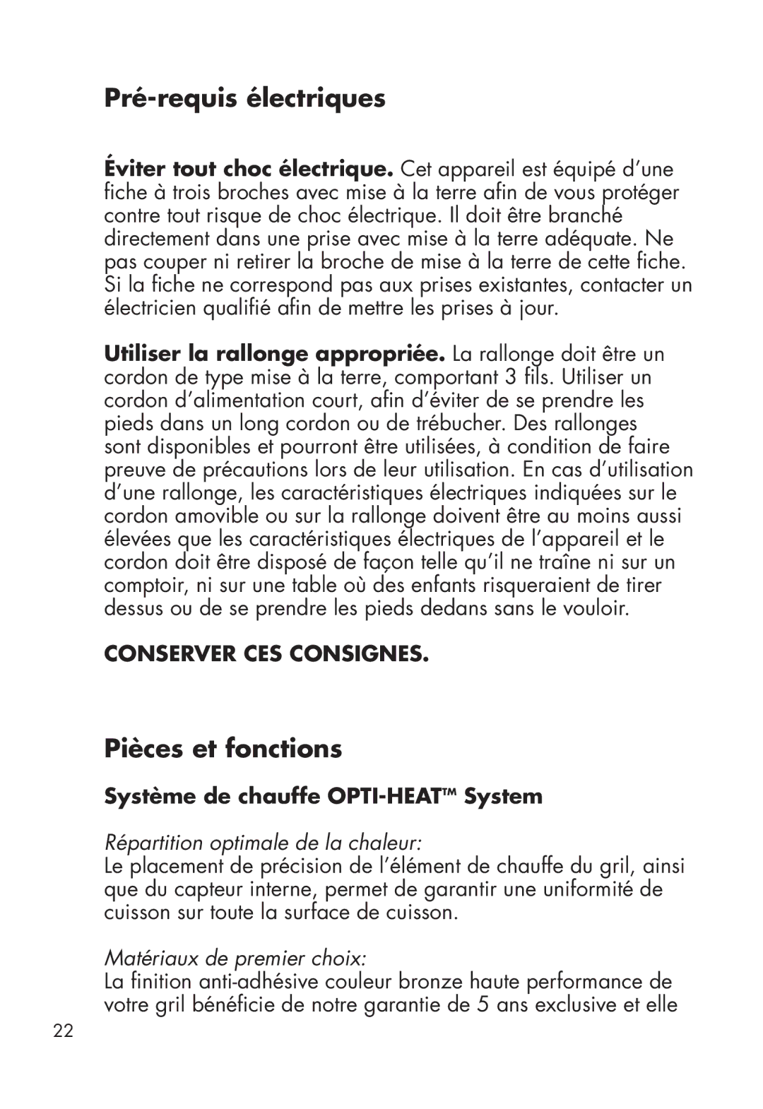 Calphalon HE600CG manual Pré-requis électriques, Pièces et fonctions, Système de chauffe OPTI-HEATTMSystem 