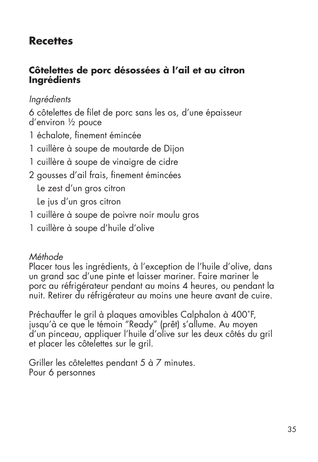 Calphalon HE600CG manual Recettes, Ingrédients 