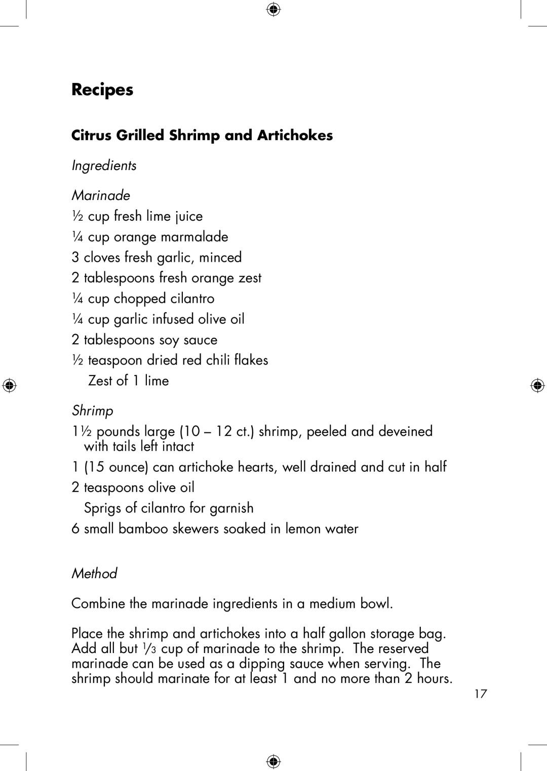 Calphalon he650co manual Recipes, Citrus Grilled Shrimp and Artichokes, Ingredients Marinade, Method 