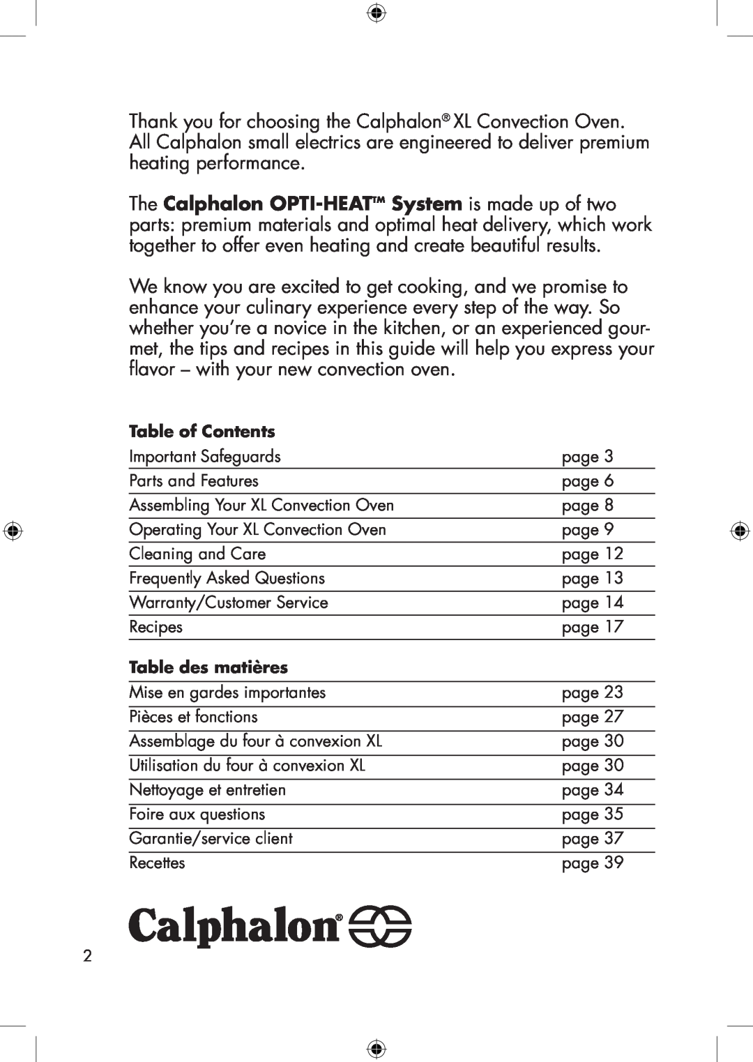 Calphalon he650co manual Table of Contents, Table des matières 
