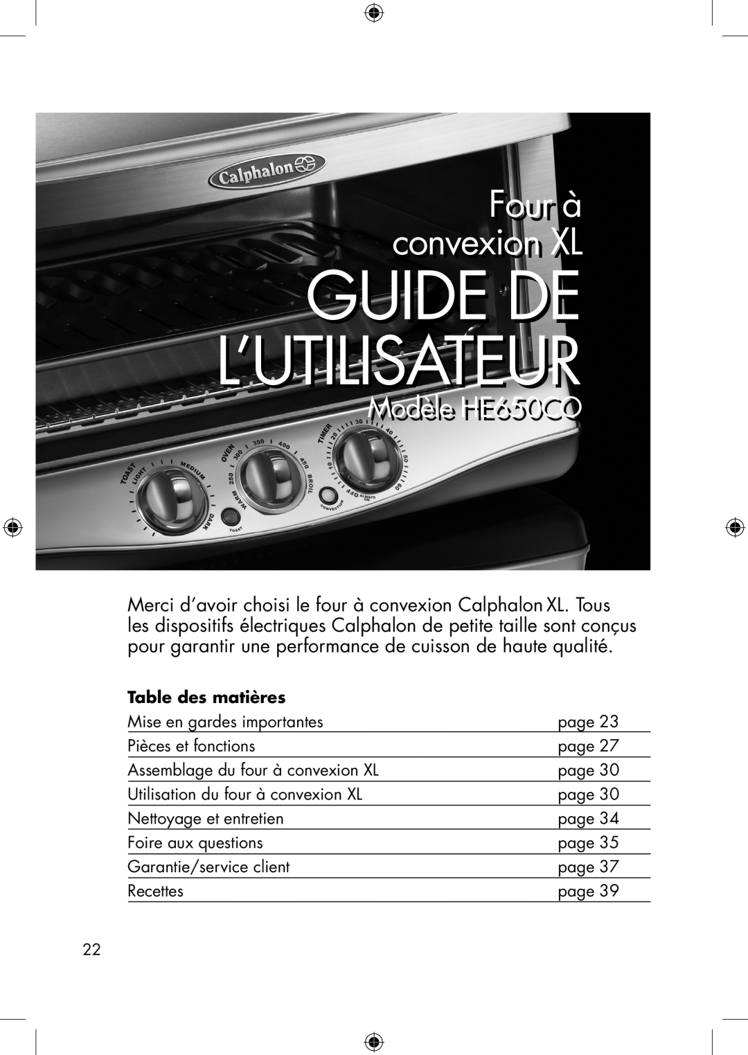Calphalon he650co manual Fourr à convexioni XL, Modèlele HE650CO, Guide De L’Utilisateur, Table des matières 