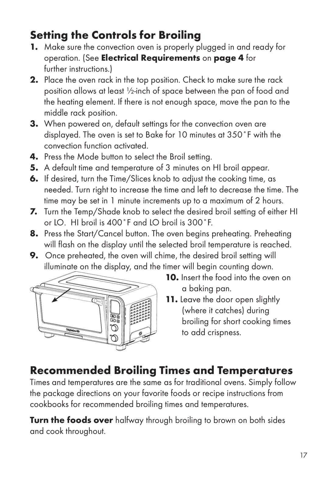 Calphalon HE700CO manual Setting the Controls for Broiling, Recommended Broiling Times and Temperatures 