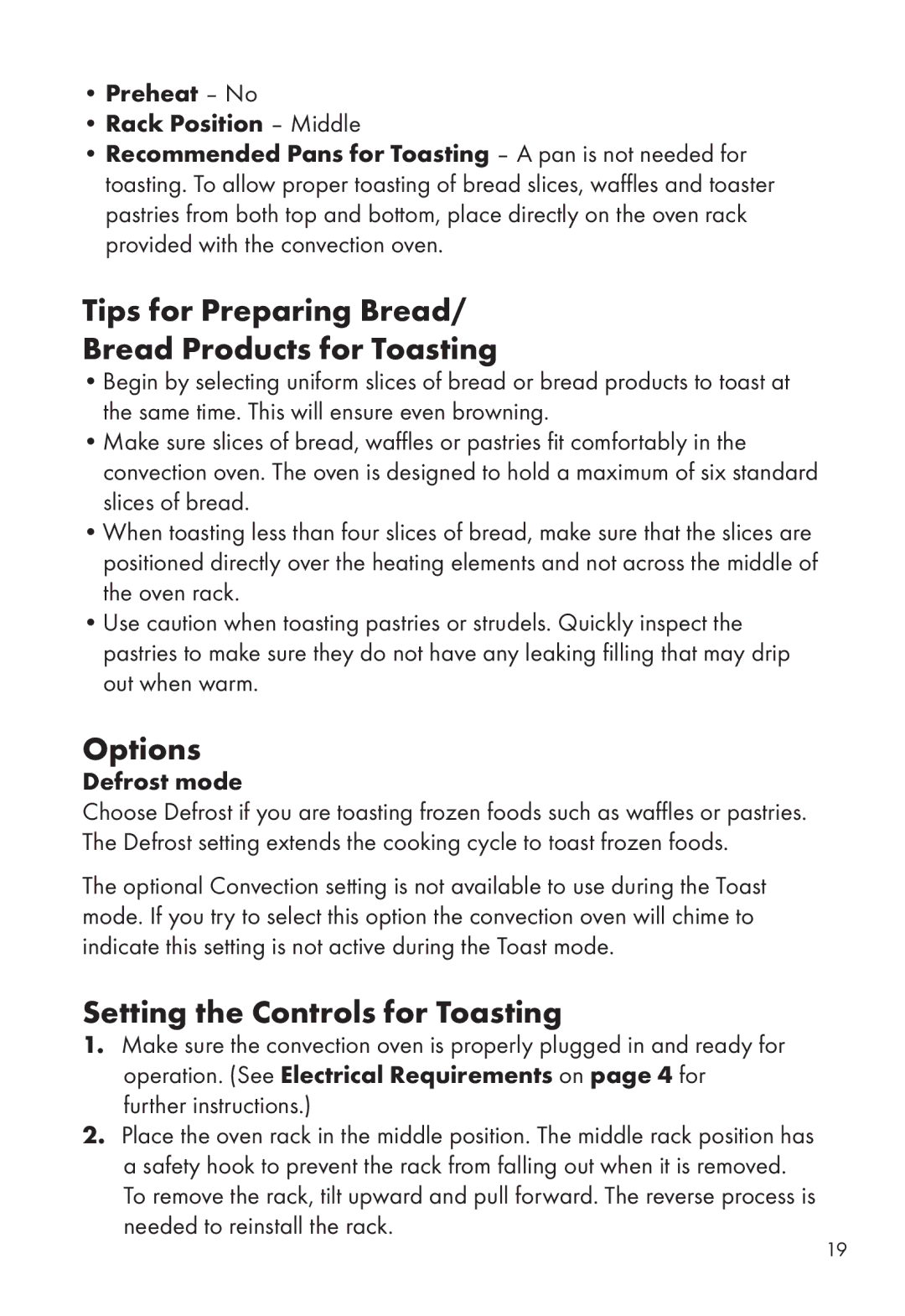 Calphalon HE700CO Tips for Preparing Bread Bread Products for Toasting, Setting the Controls for Toasting, Defrost mode 