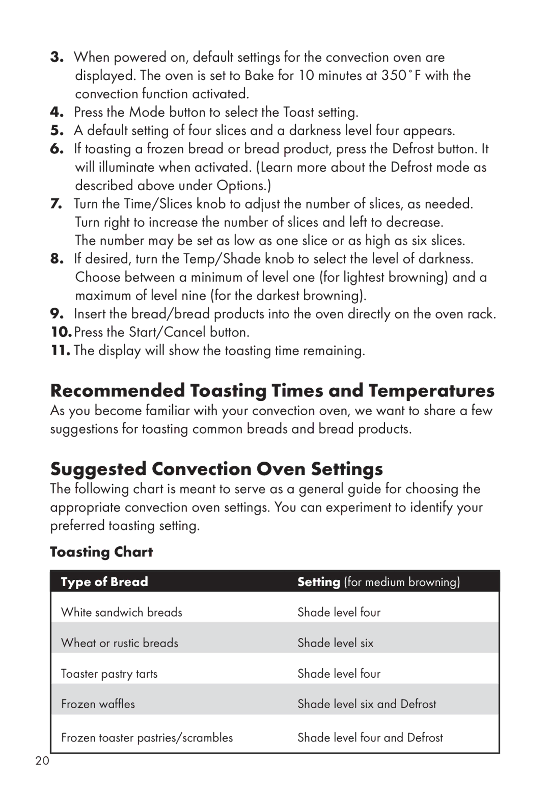 Calphalon HE700CO manual Recommended Toasting Times and Temperatures, Suggested Convection Oven Settings, Toasting Chart 