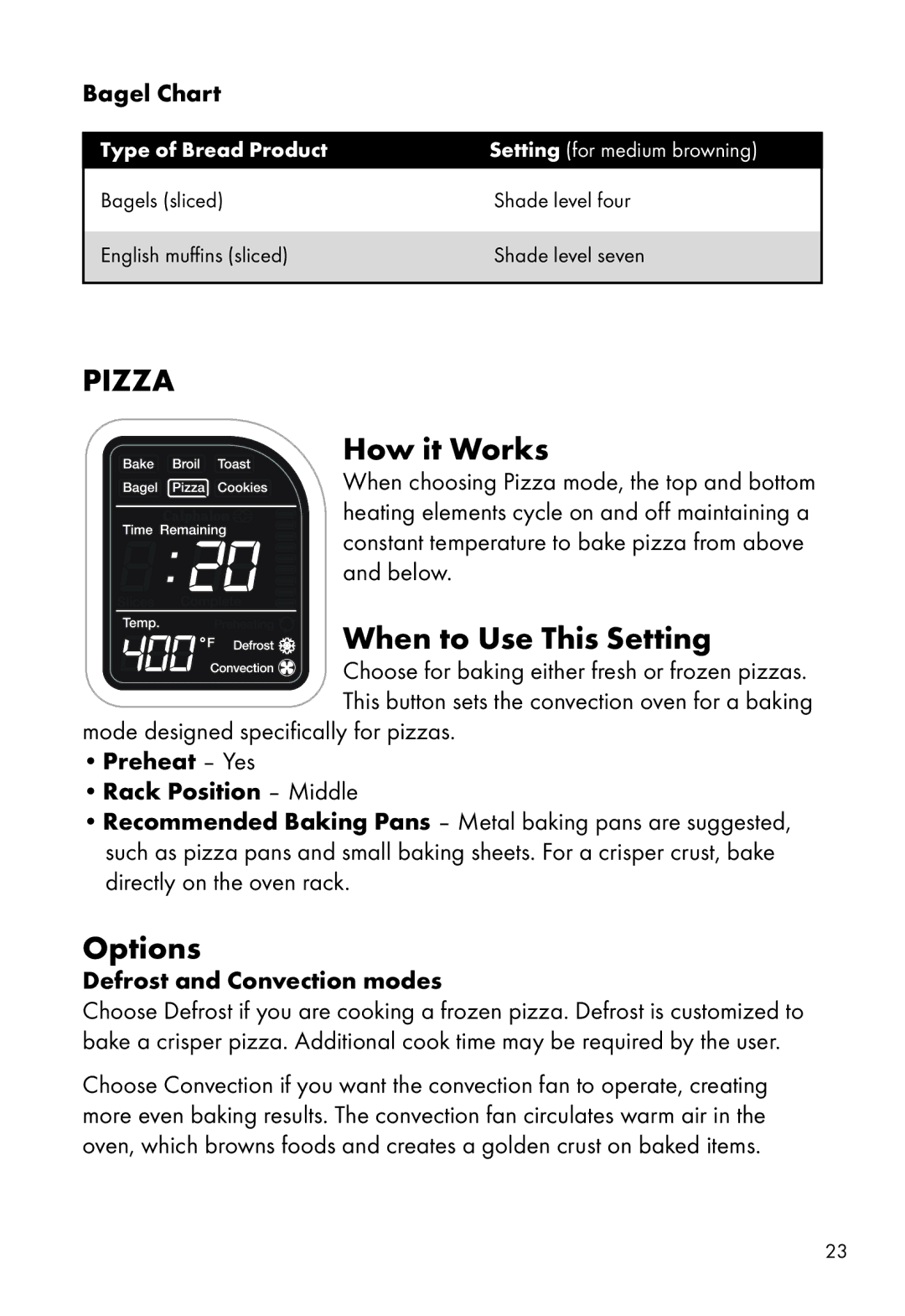 Calphalon HE700CO manual Pizza, Bagel Chart, Preheat Yes Rack Position Middle, Defrost and Convection modes 