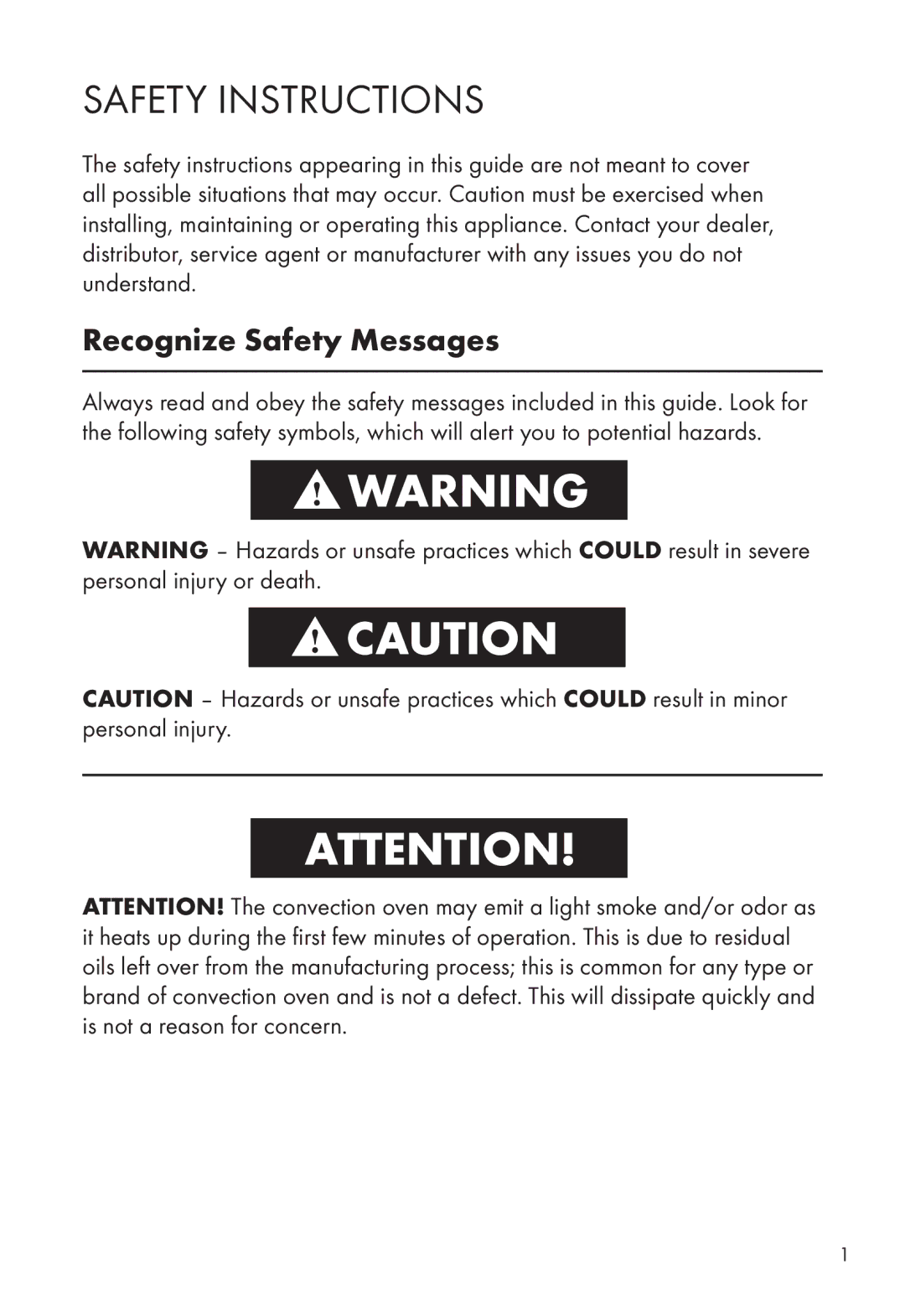 Calphalon HE700CO manual Safety Instructions, Recognize Safety Messages 