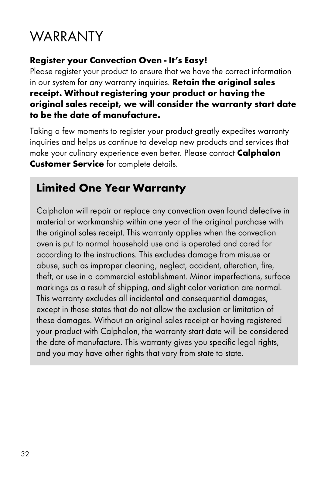 Calphalon HE700CO manual Limited One Year Warranty, Register your Convection Oven It’s Easy 