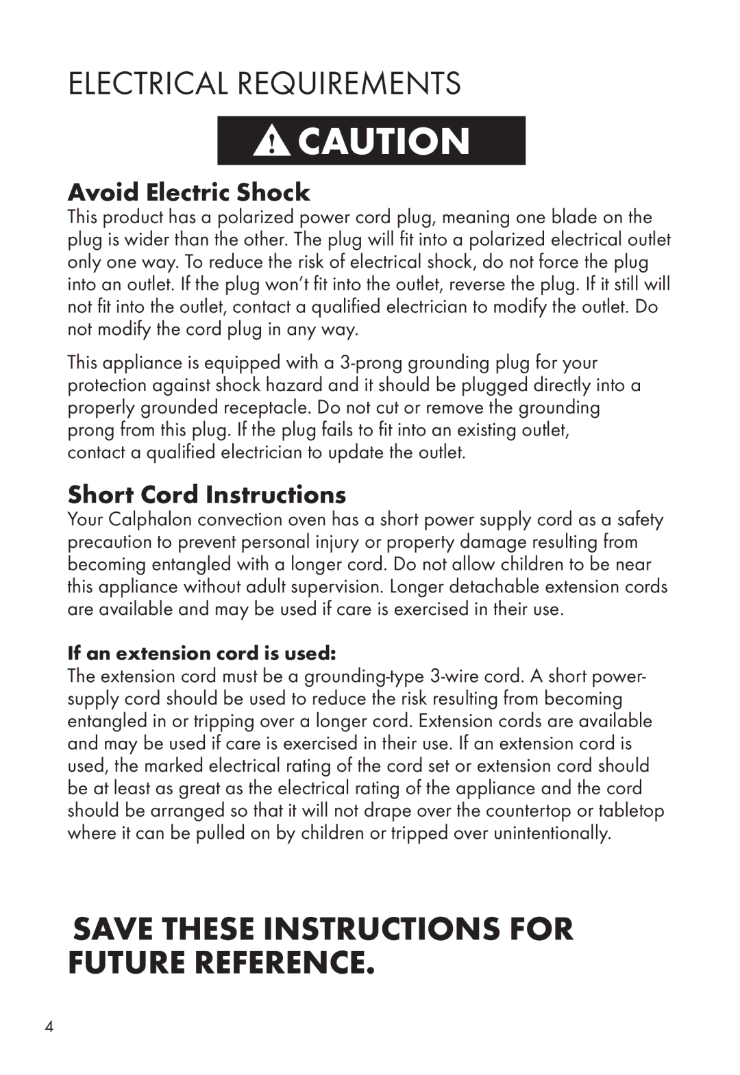 Calphalon HE700CO Electrical Requirements, Avoid Electric Shock, Short Cord Instructions, If an extension cord is used 