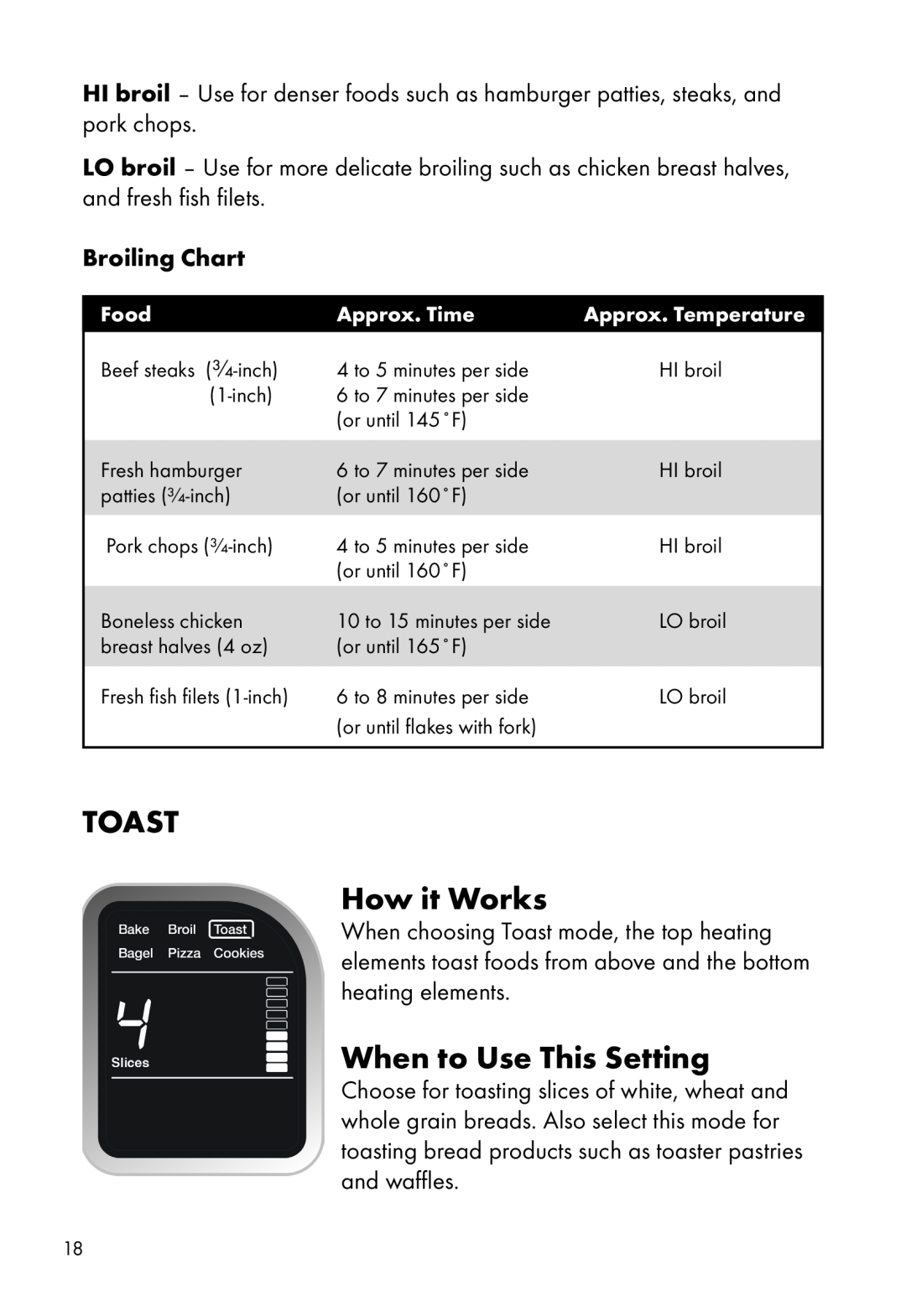 Calphalon HE700CO manual Toast, How it Works, Broiling Chart, When to Use This Setting 