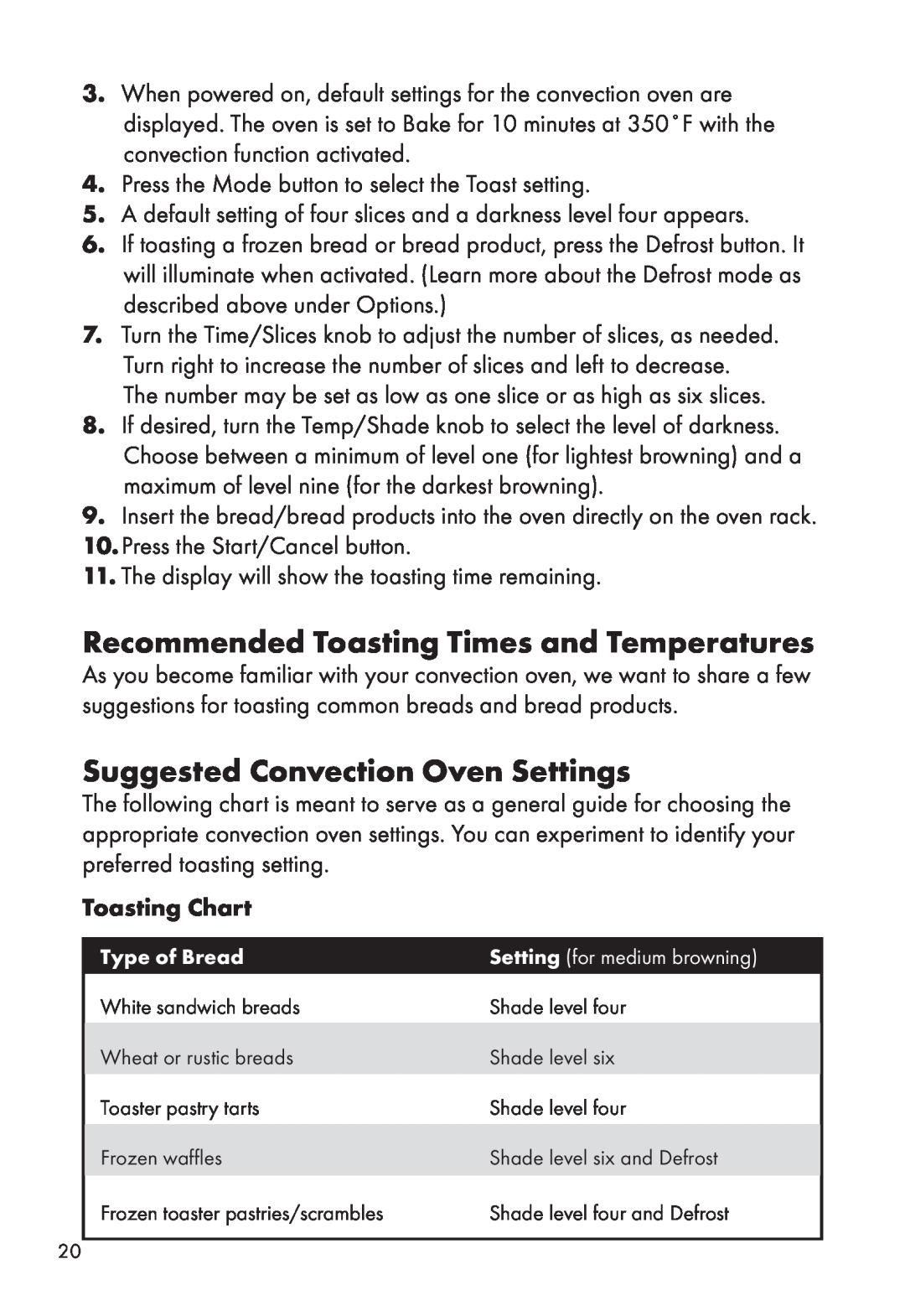 Calphalon HE700CO manual Recommended Toasting Times and Temperatures, Suggested Convection Oven Settings, Toasting Chart 