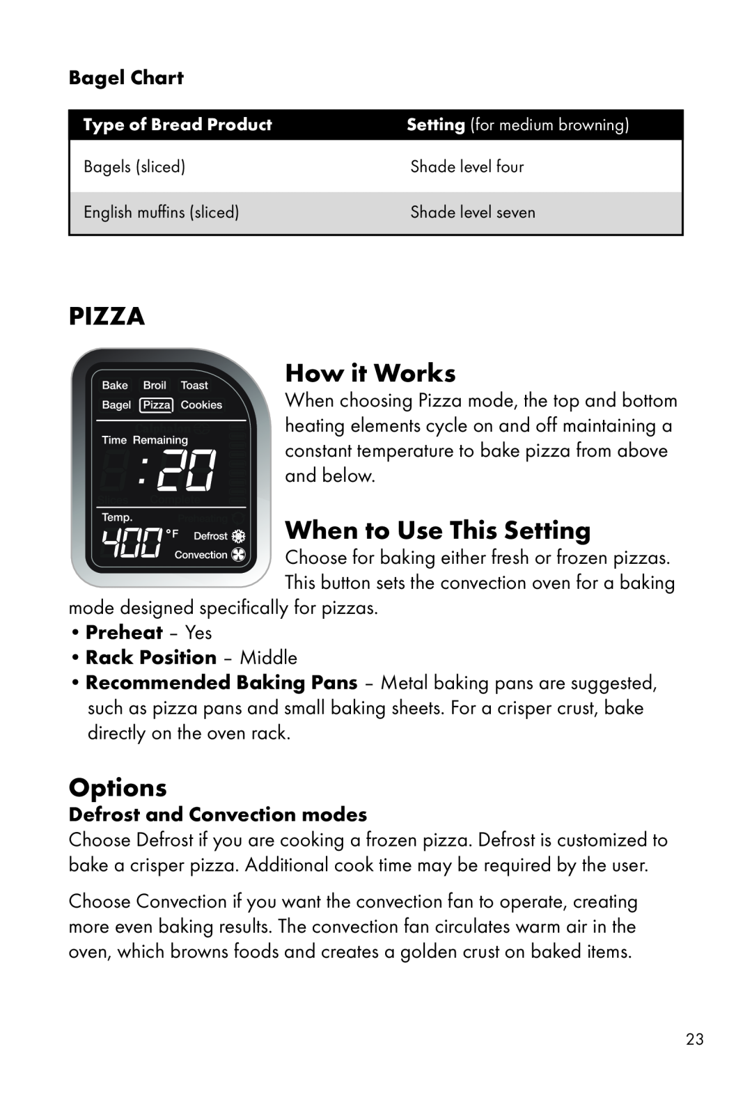 Calphalon HE700CO PIZZA How it Works, Bagel Chart, Preheat - Yes Rack Position - Middle, Defrost and Convection modes 