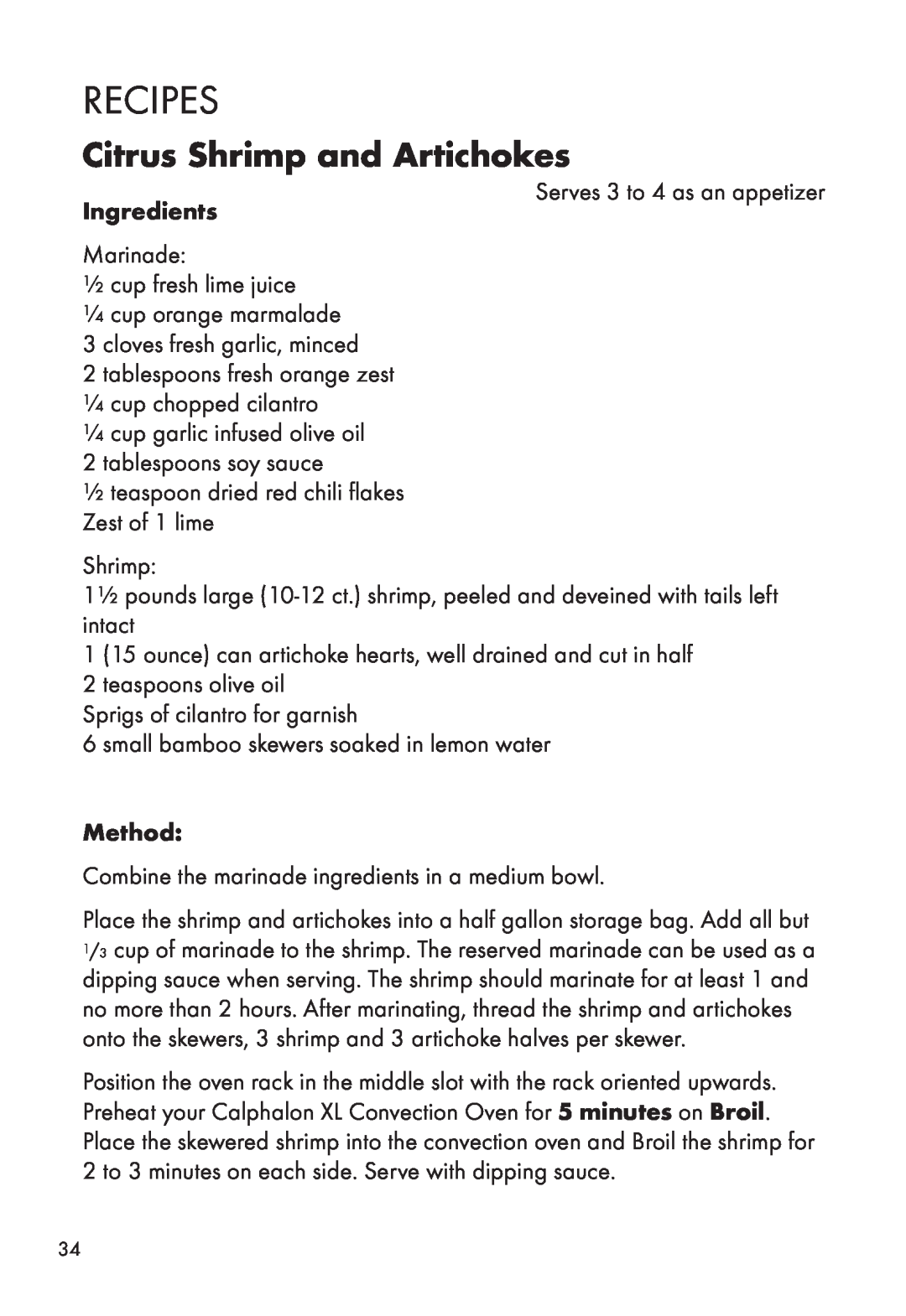 Calphalon HE700CO manual Recipes, Citrus Shrimp and Artichokes, Ingredients, Method 