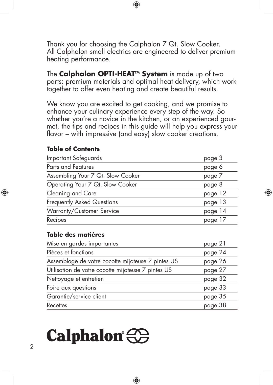 Calphalon HE700SC manual Table of Contents 