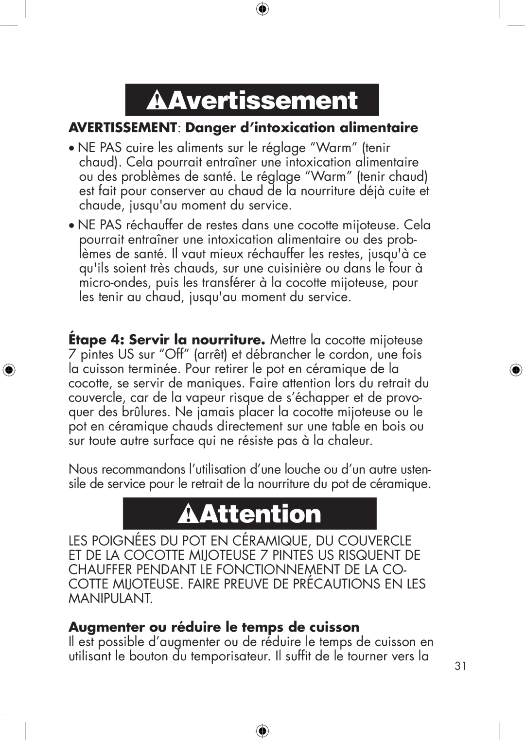 Calphalon HE700SC manual Avertissement Danger d’intoxication alimentaire, Augmenter ou réduire le temps de cuisson 