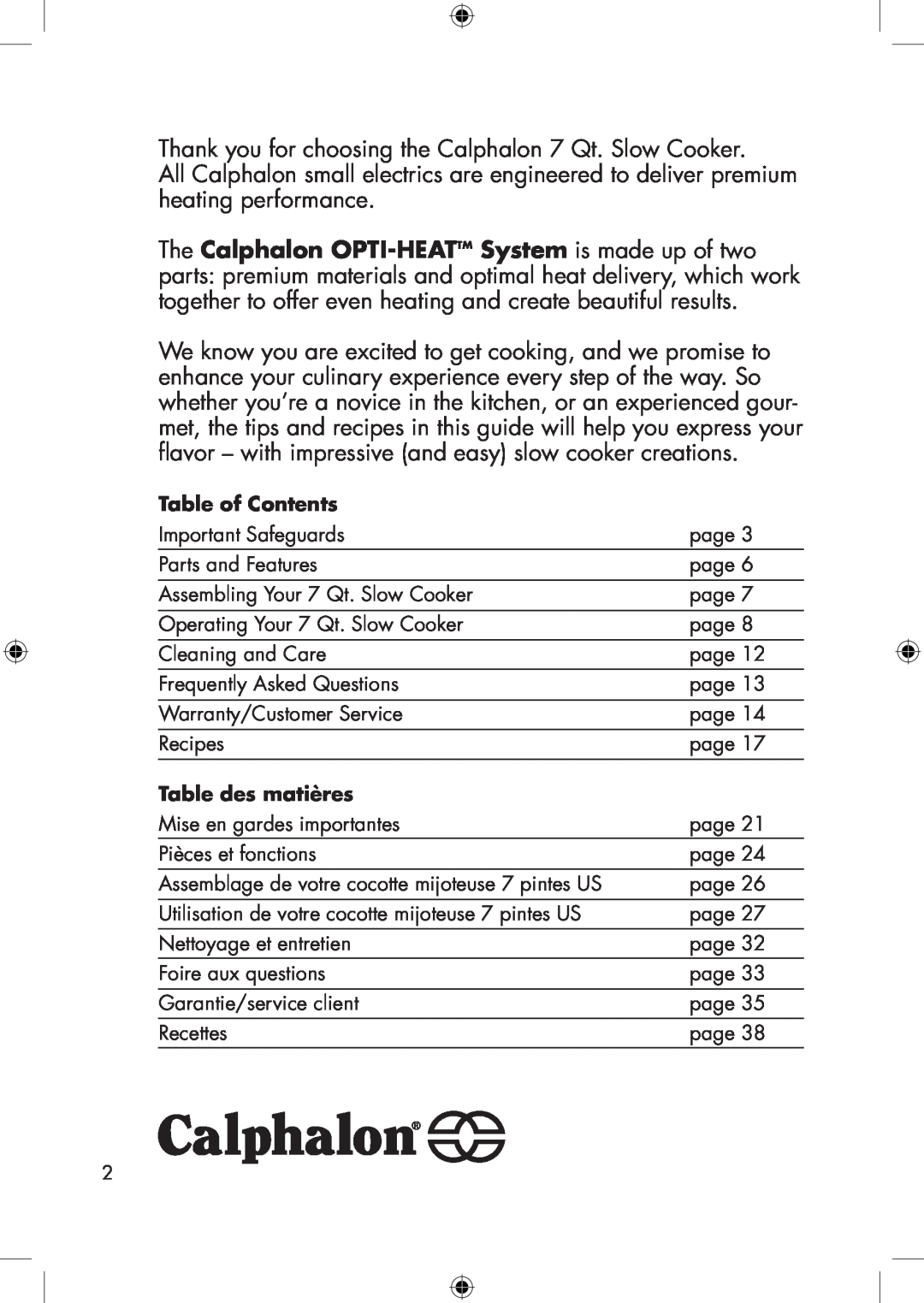 Calphalon HE700SC manual Table of Contents, Table des matières 