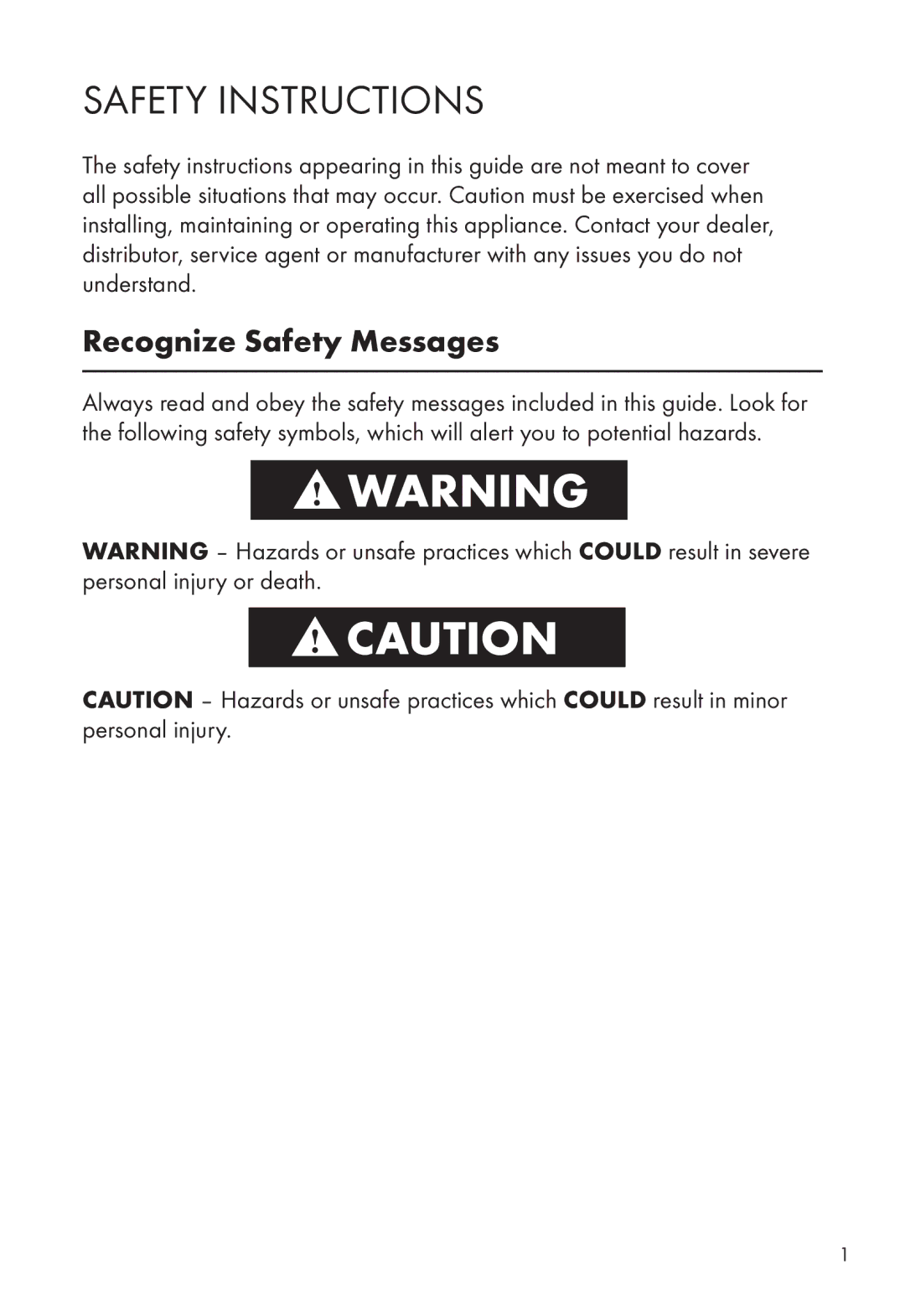 Calphalon ME2501B manual Safety Instructions, Recognize Safety Messages 