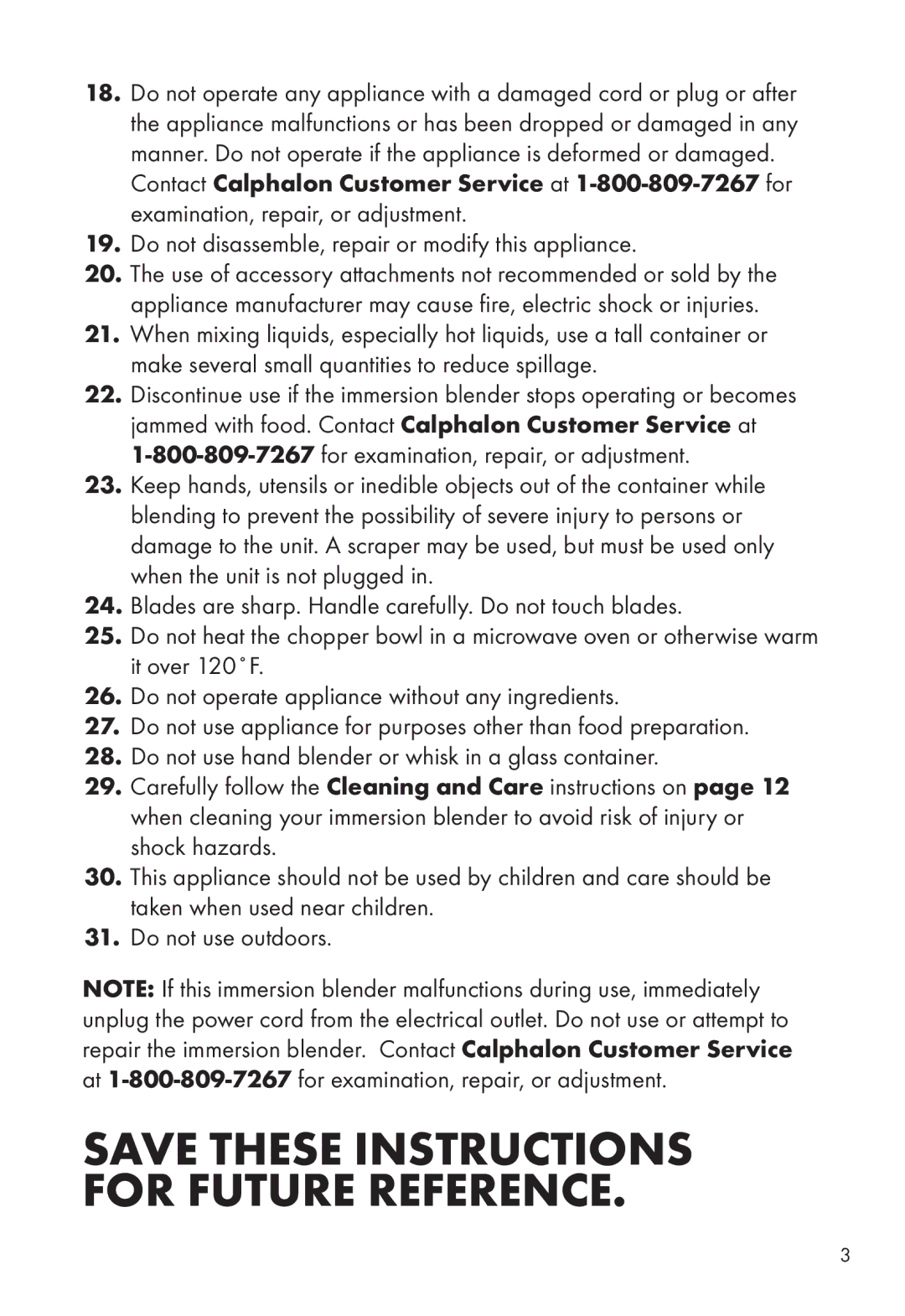 Calphalon ME2501B manual Save These Instructions for Future Reference 