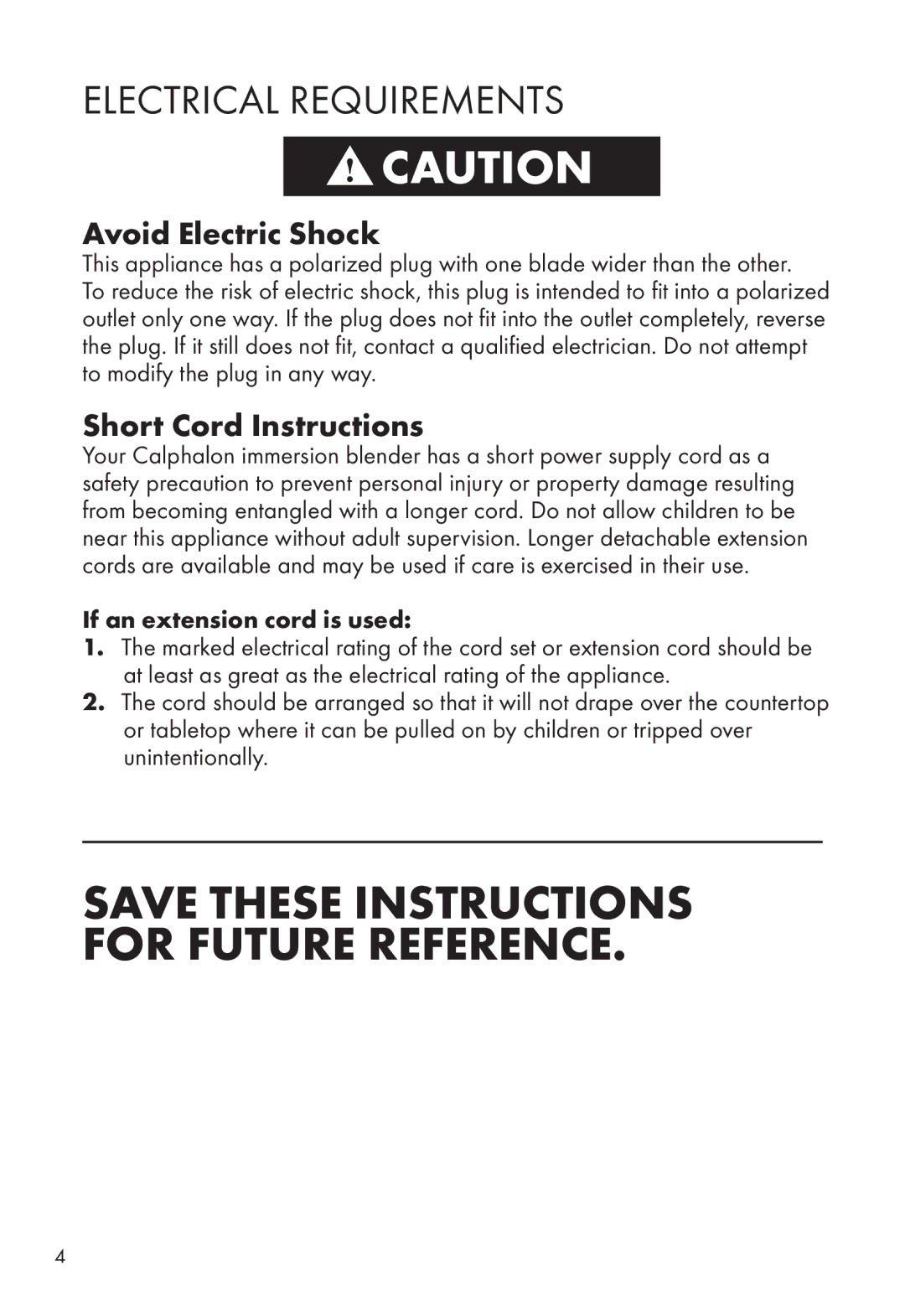 Calphalon ME2501B Electrical Requirements, Avoid Electric Shock, Short Cord Instructions, If an extension cord is used 