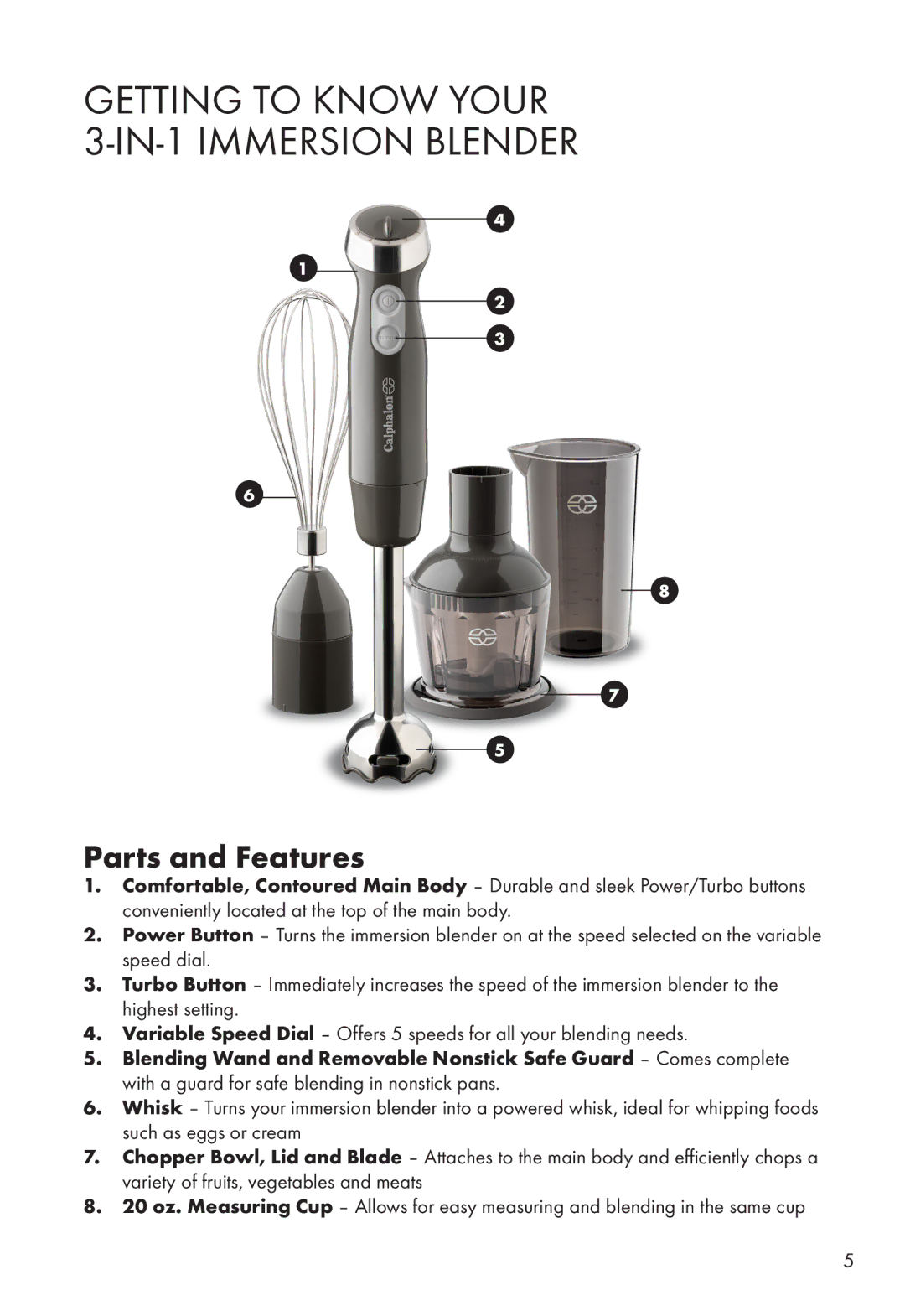 Calphalon ME2501B manual Getting to Know Your IN-1 Immersion Blender, Parts and Features 