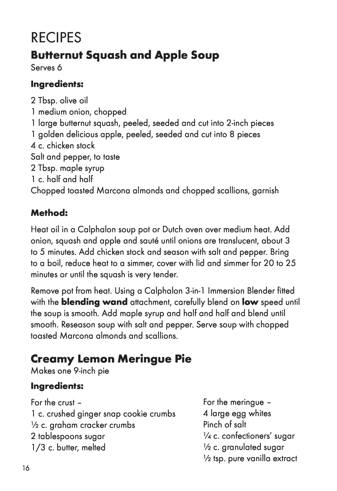 Calphalon ME2501B manual Recipes, Butternut Squash and Apple Soup, Creamy Lemon Meringue Pie, Ingredients, Method 