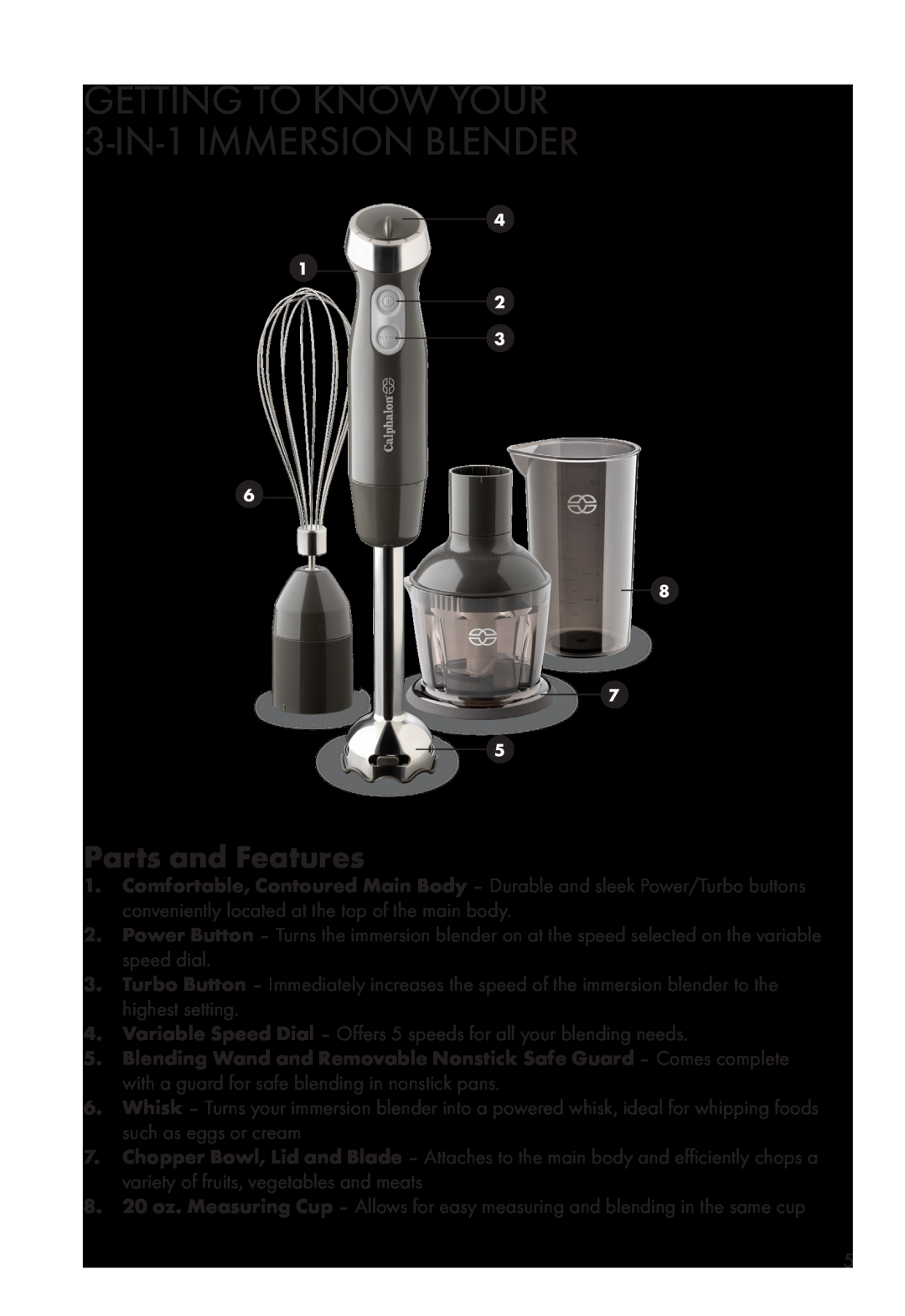 Calphalon ME2501B manual GETTING TO KNOW YOUR 3-IN-1 IMMERSION BLENDER, Parts and Features 