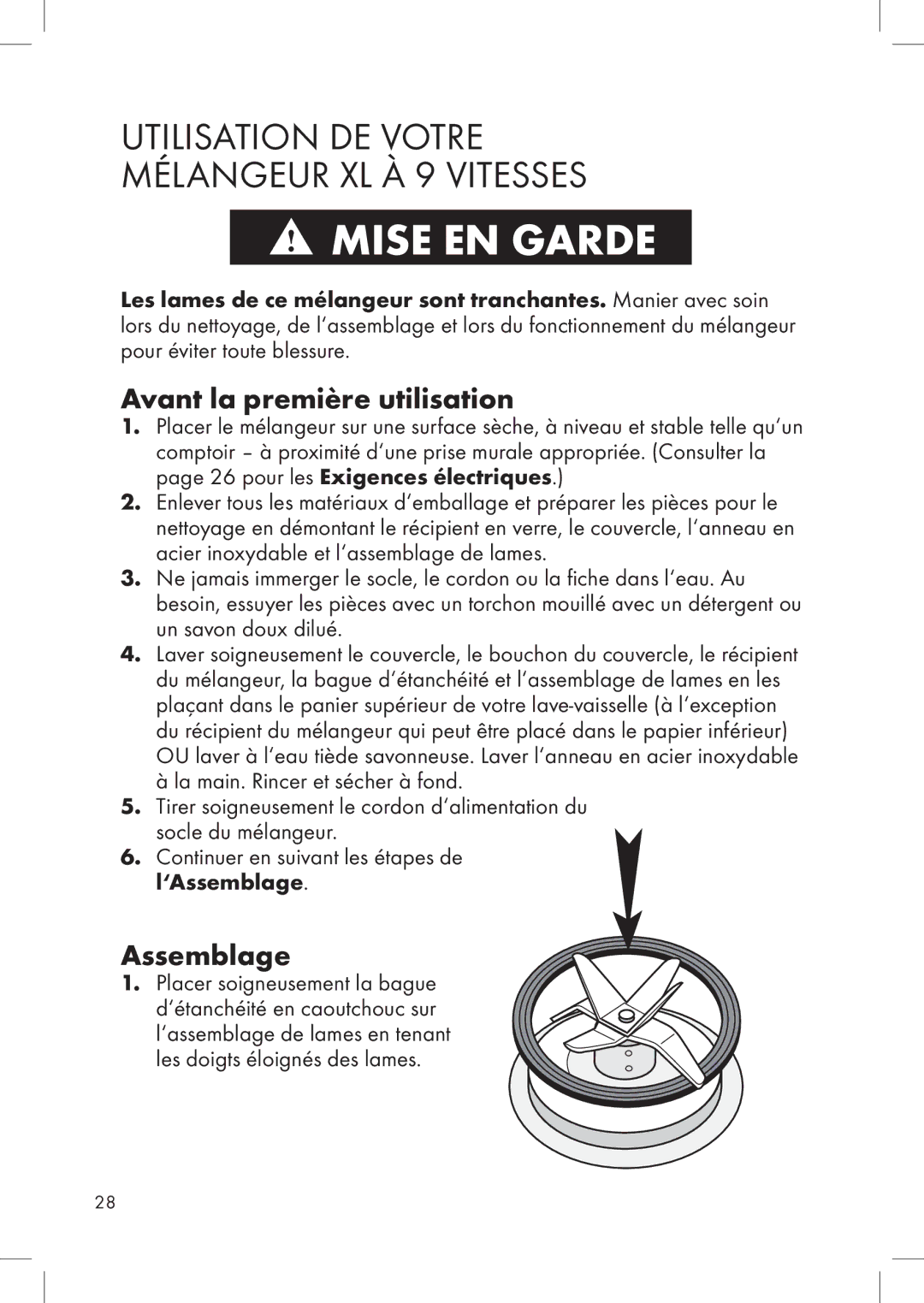 Calphalon ME600BL, 1832449 manual Utilisation de votre Mélangeur XL à 9 vitesses, Avant la première utilisation, Assemblage 