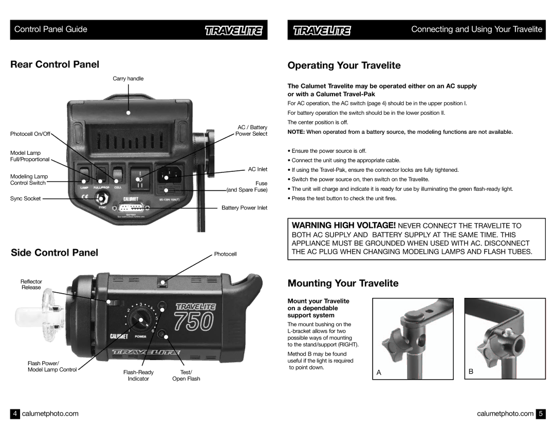 Calumet 750 manual Rear Control Panel, Side Control Panel, Operating Your Travelite, Mounting Your Travelite 