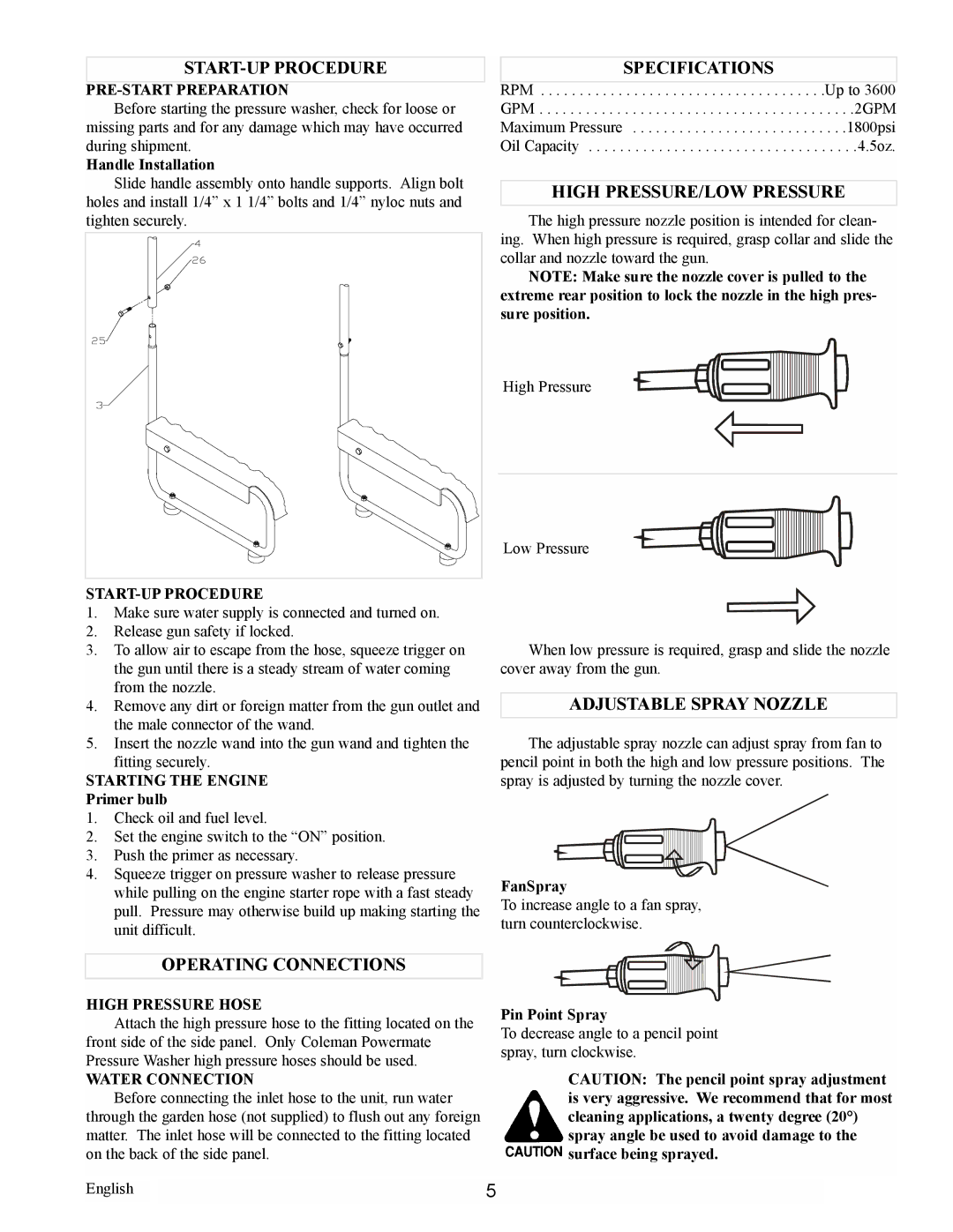 Calvin Klein PW0881801 manual PRE-START Preparation, START-UP Procedure, Starting the Engine, High Pressure Hose 