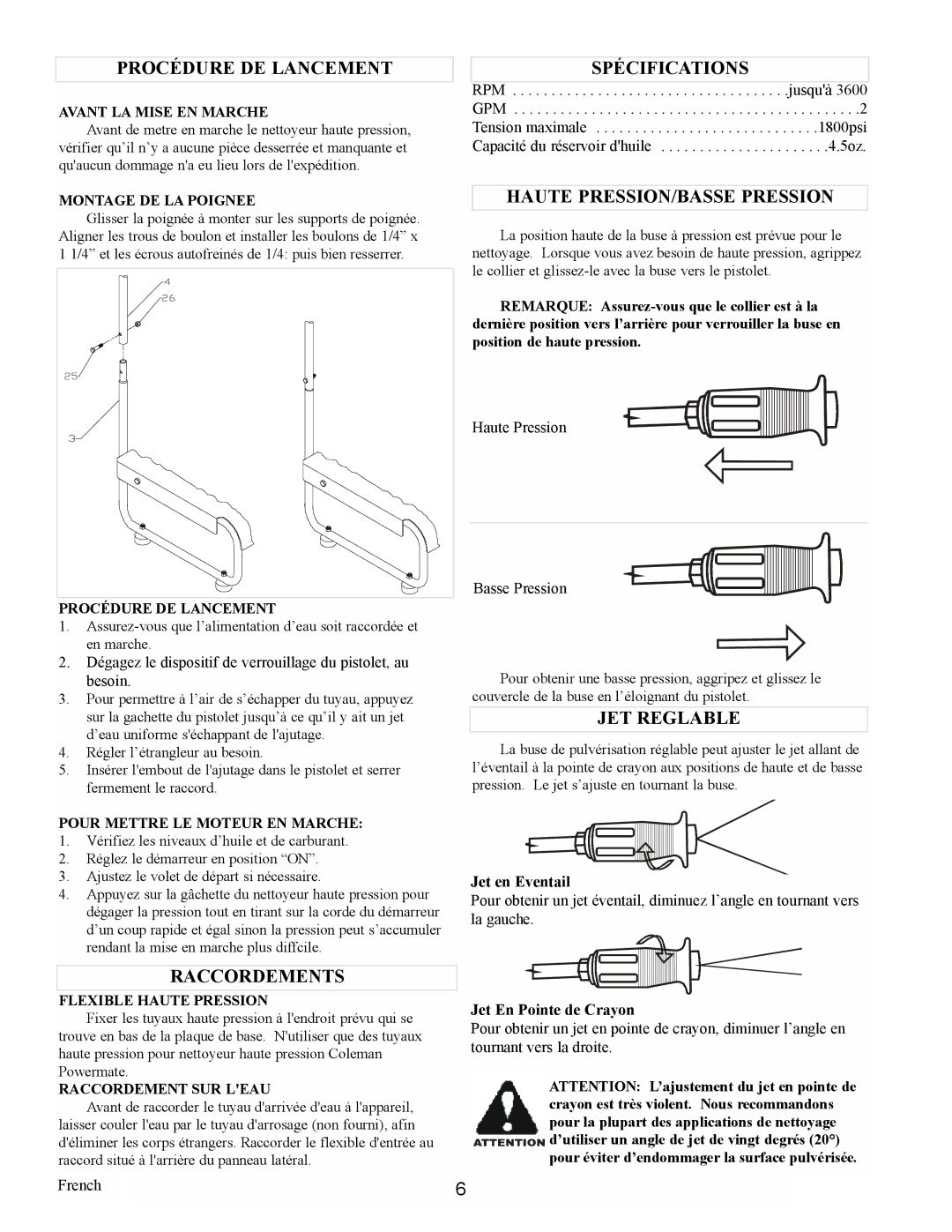 Calvin Klein PW0881801 Procédure DE Lancement, Spécifications, Raccordements, Haute PRESSION/BASSE Pression, JET Reglable 