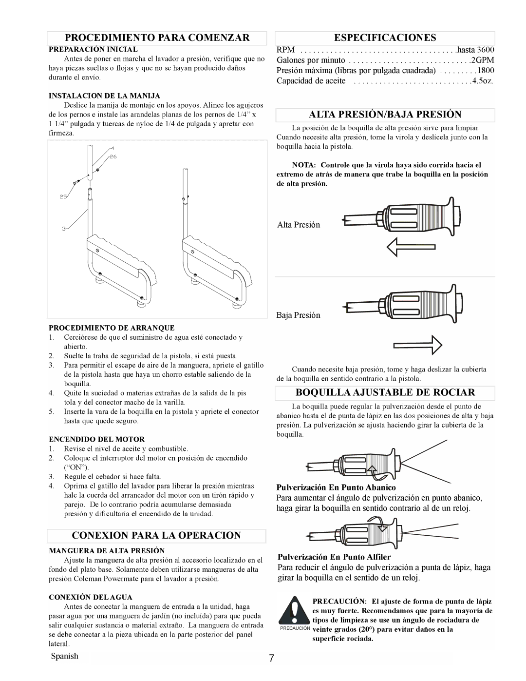 Calvin Klein PW0881801 manual Procedimiento Para Comenzar, Especificaciones, Alta PRESIÓN/BAJA Presión 