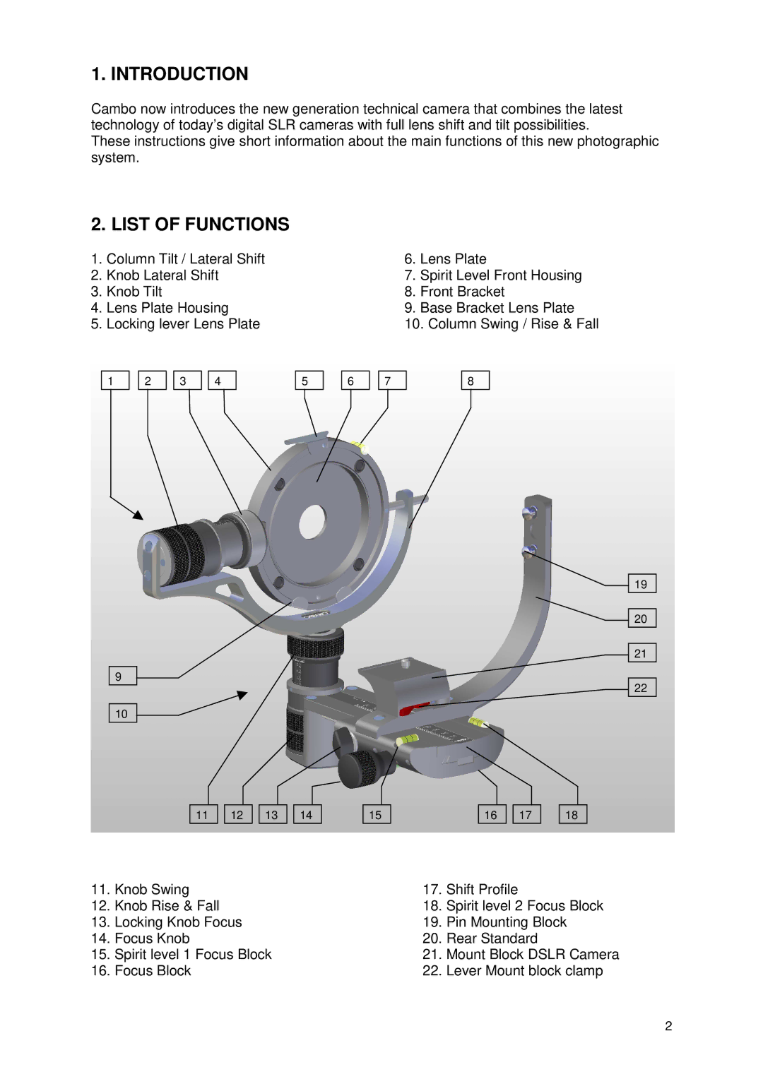 Cambo X2-PRO operating instructions Introduction, List of Functions 