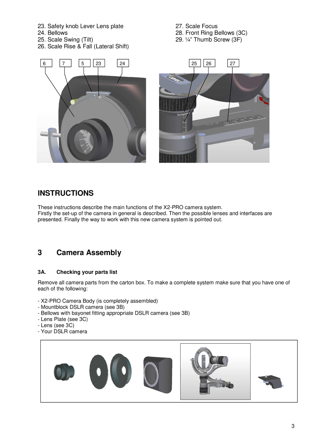 Cambo X2-PRO operating instructions Instructions, Camera Assembly, 3A. Checking your parts list 