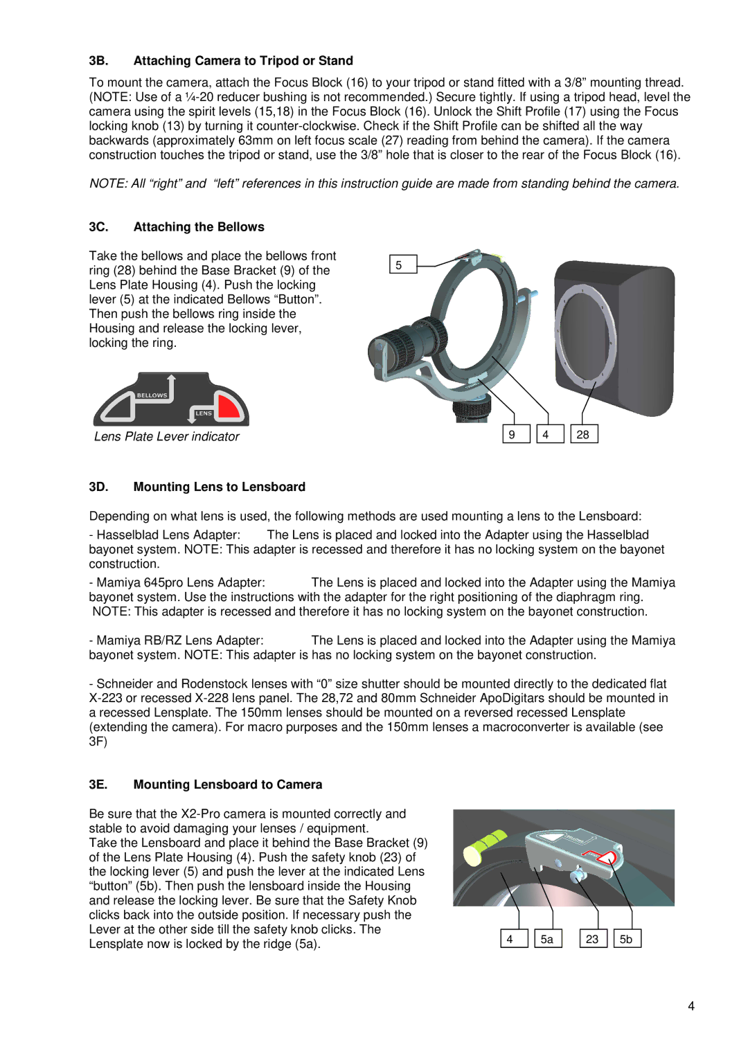 Cambo X2-PRO 3B. Attaching Camera to Tripod or Stand, 3C. Attaching the Bellows, 3D. Mounting Lens to Lensboard 