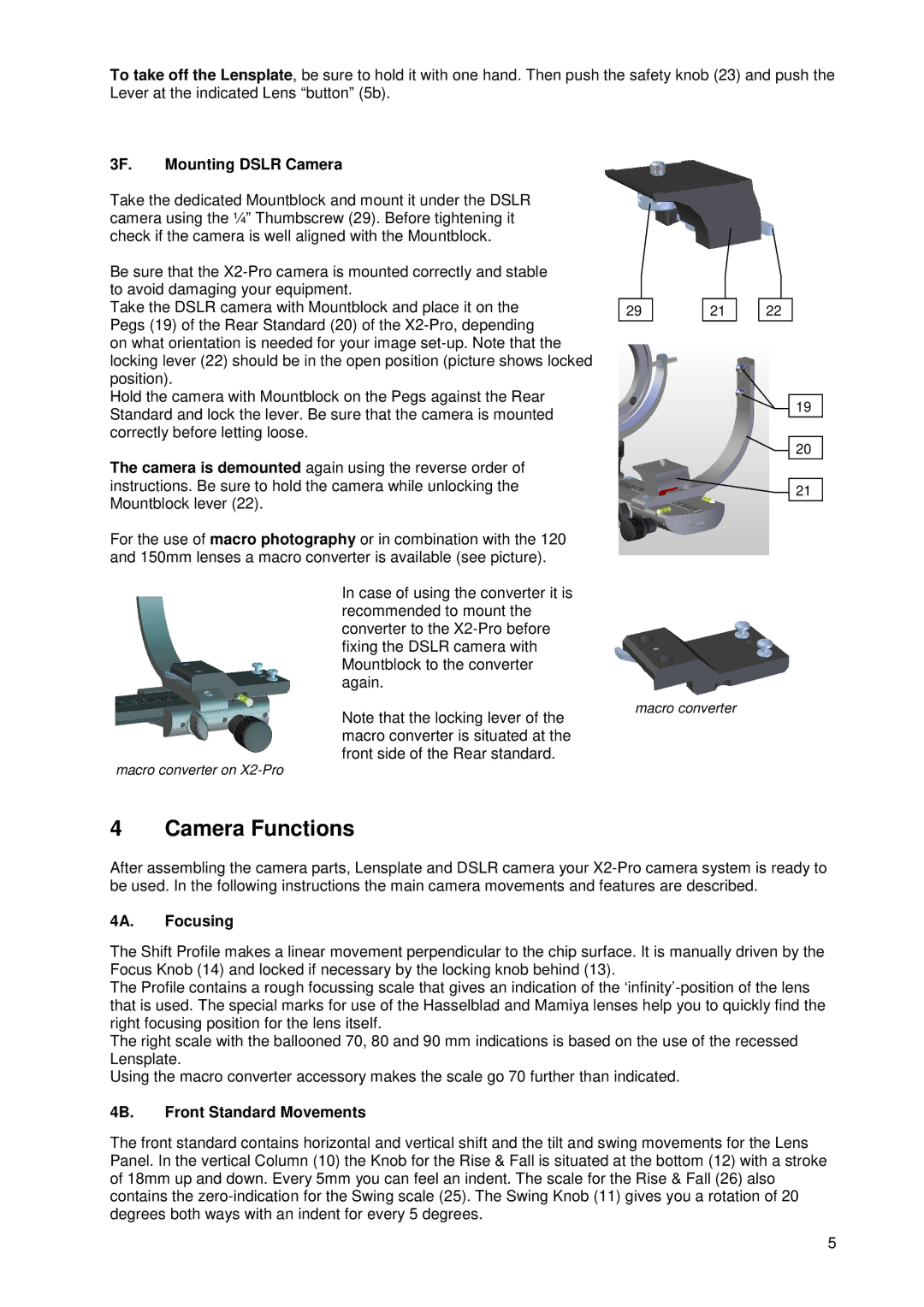 Cambo X2-PRO operating instructions Camera Functions, 3F. Mounting Dslr Camera, 4A. Focusing, 4B. Front Standard Movements 