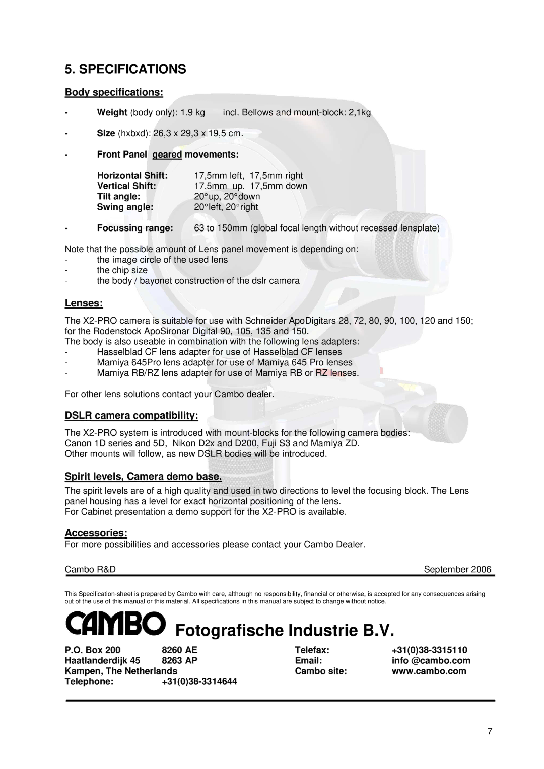 Cambo X2-PRO operating instructions Specifications, Body specifications 