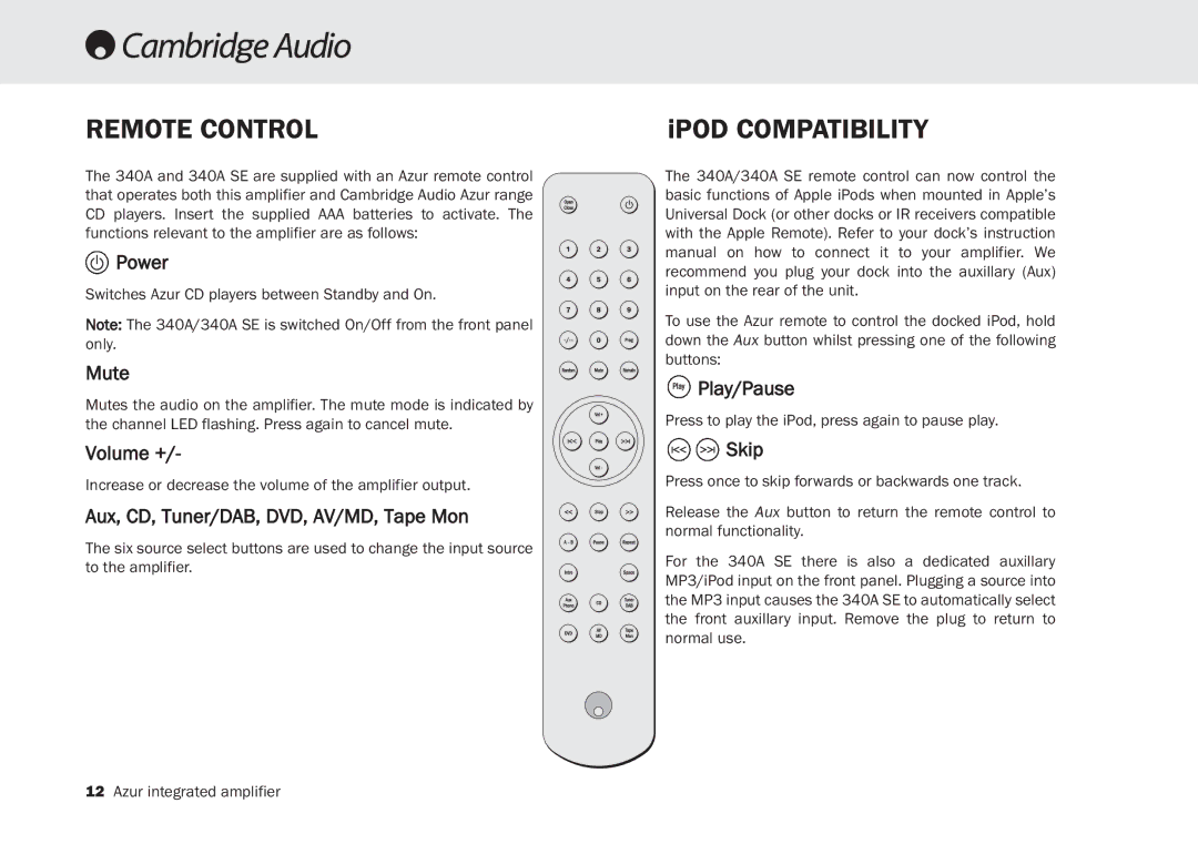 Cambridge Audio 340A SE user manual Remote Control 