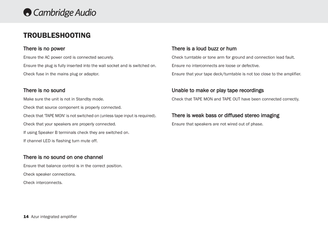 Cambridge Audio 340A SE user manual Troubleshooting 